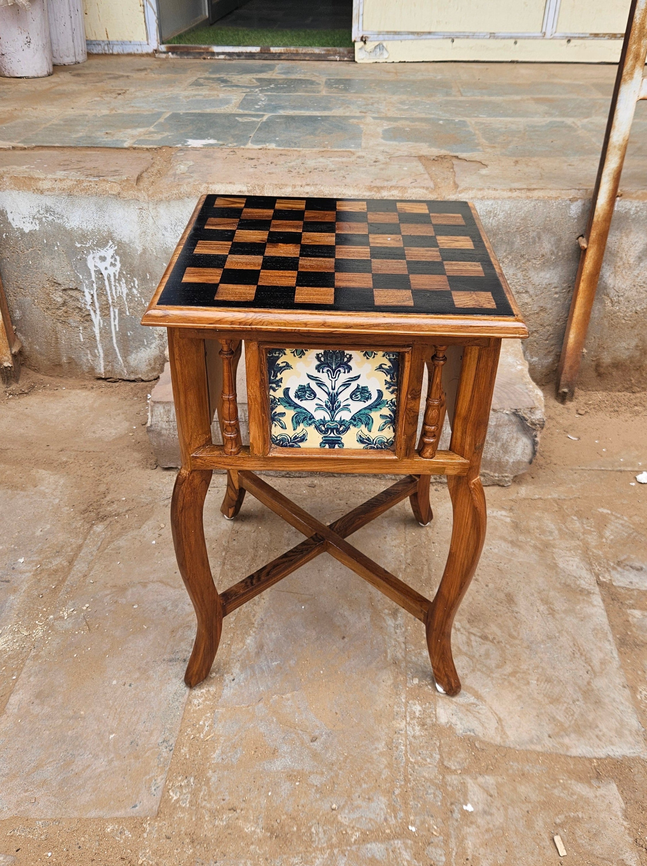 Natural Solid Brown Chess Top Finished Wooden Handmade End Table End Table