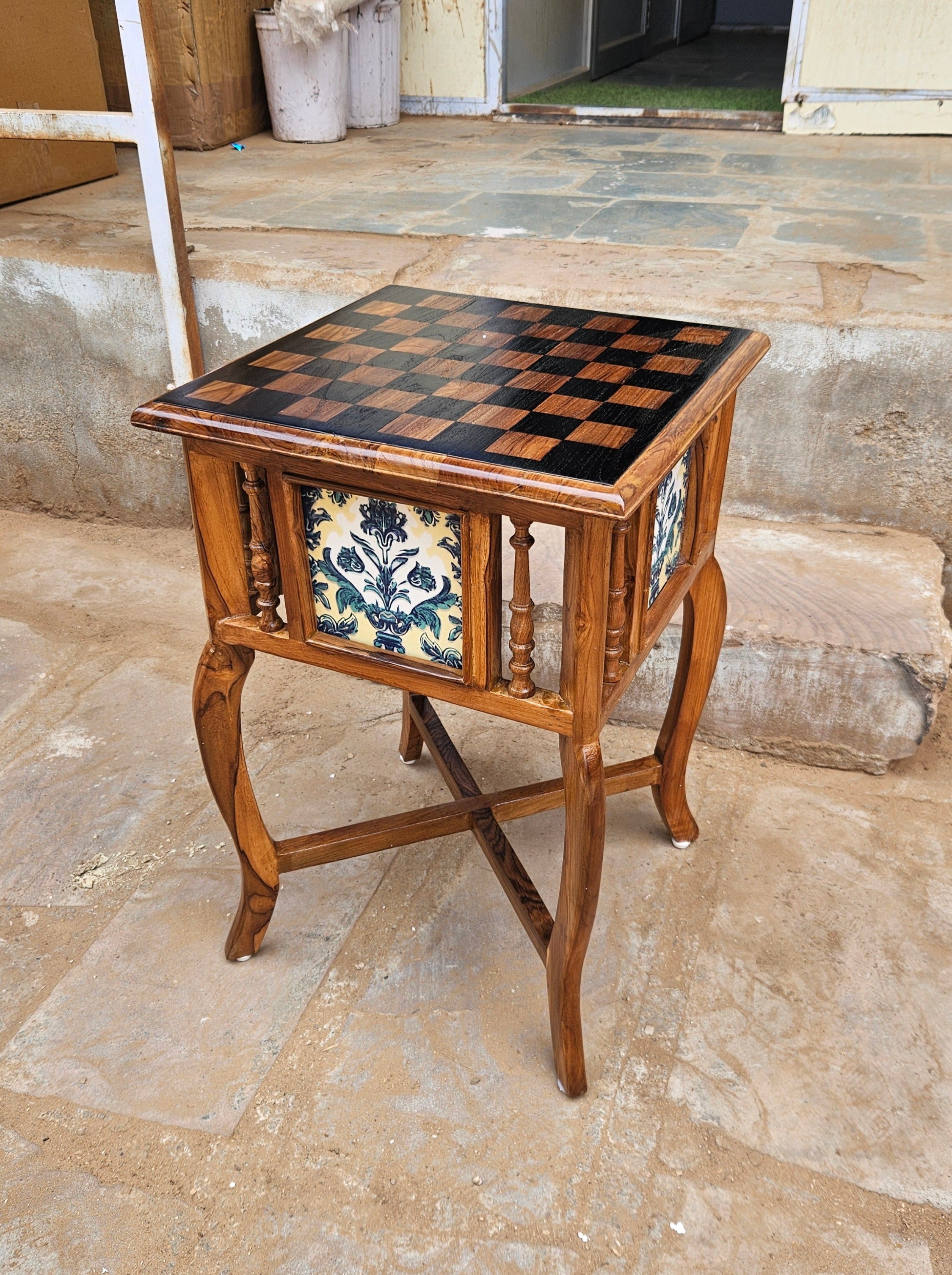 Natural Solid Brown Chess Top Finished Wooden Handmade End Table End Table