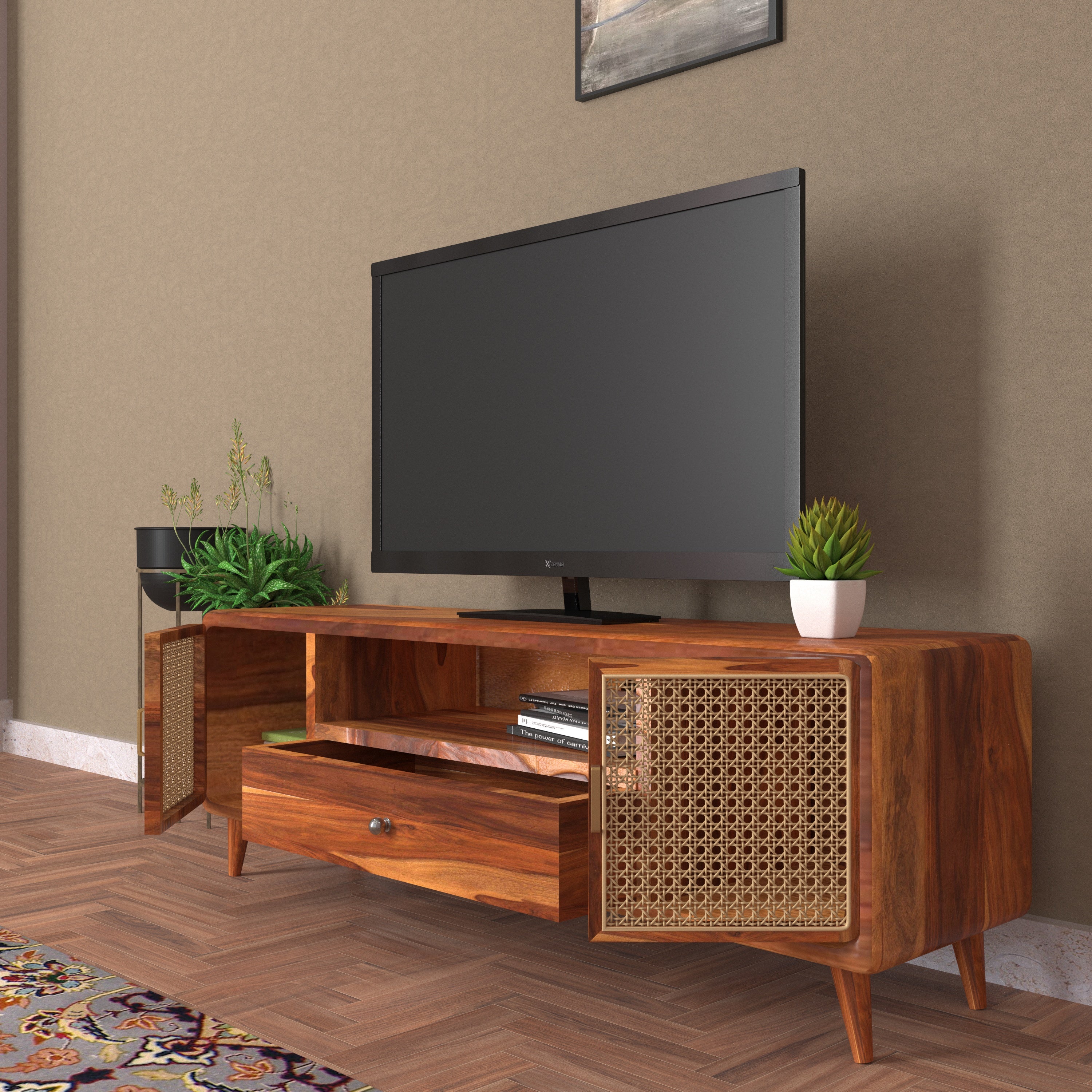Premium Aesthetic Dark Handmade Wooden Cane TV Stand for Home Tv stand