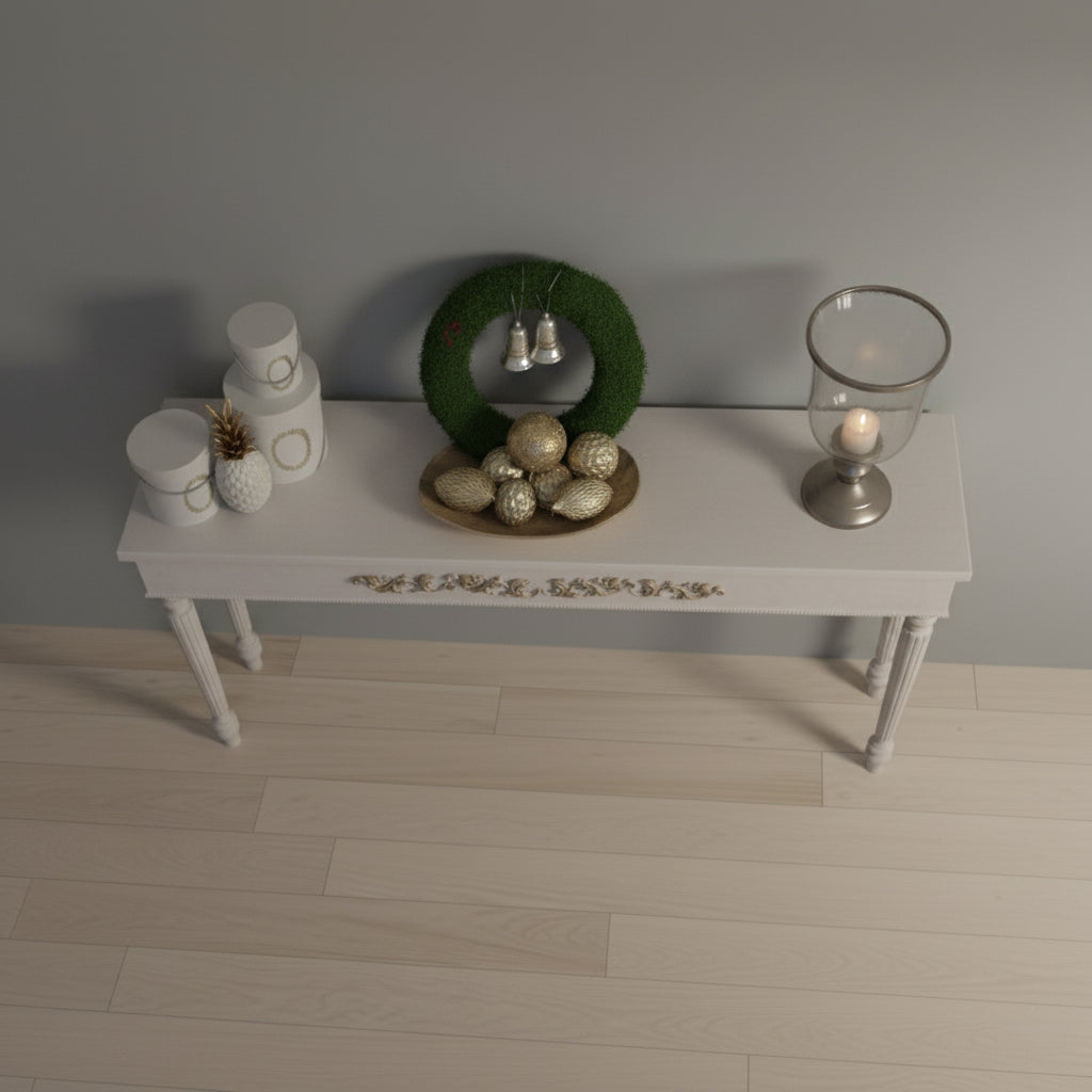 Elegant White Console Table with Hand-Carved Floral Details and Fluted Columns Console Table