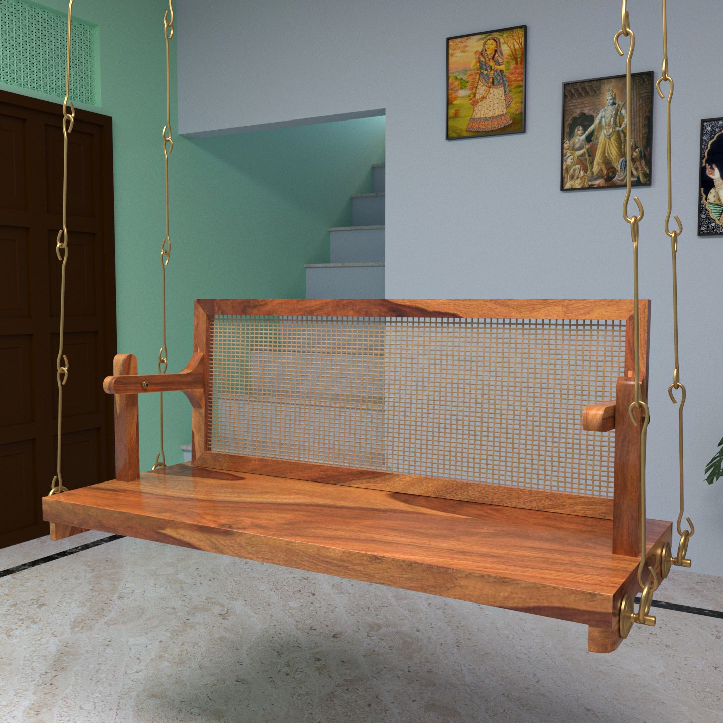 Adorable Thin Cane Reversible Handmade Wooden Swing for Home Swing