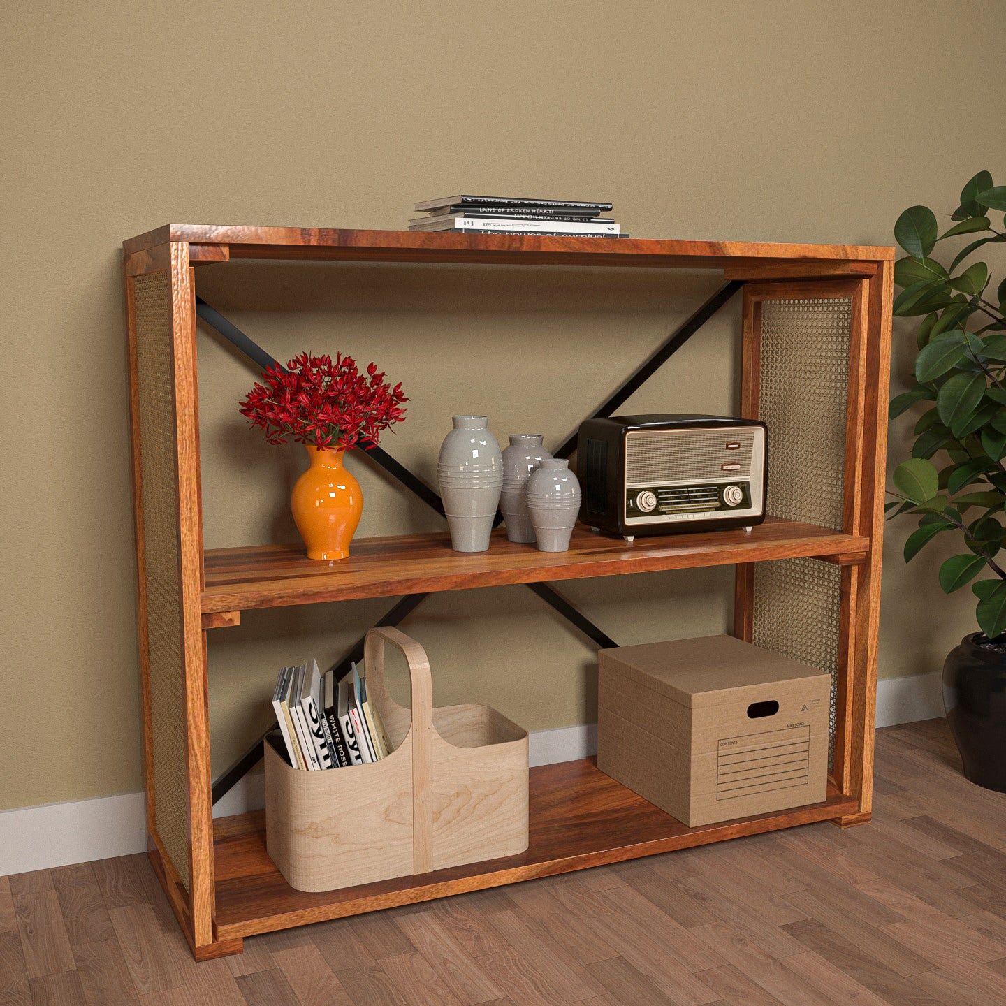 Modern Style Crisscross Cane Wooden Console Storage Rack Console Table