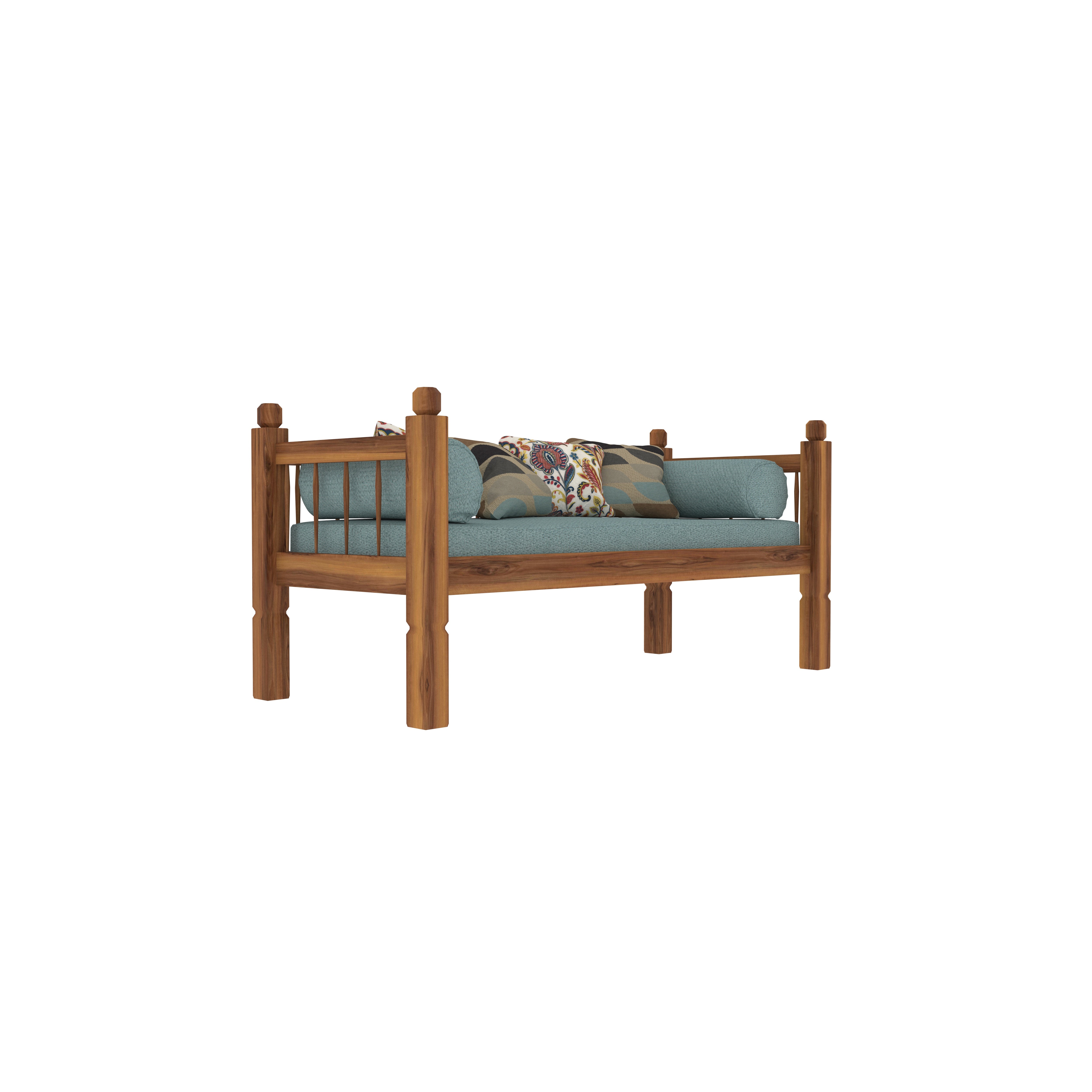 Rustic Teak Wood Daybed with Cushions – Sturdy Frame & Teal Upholstery Bench