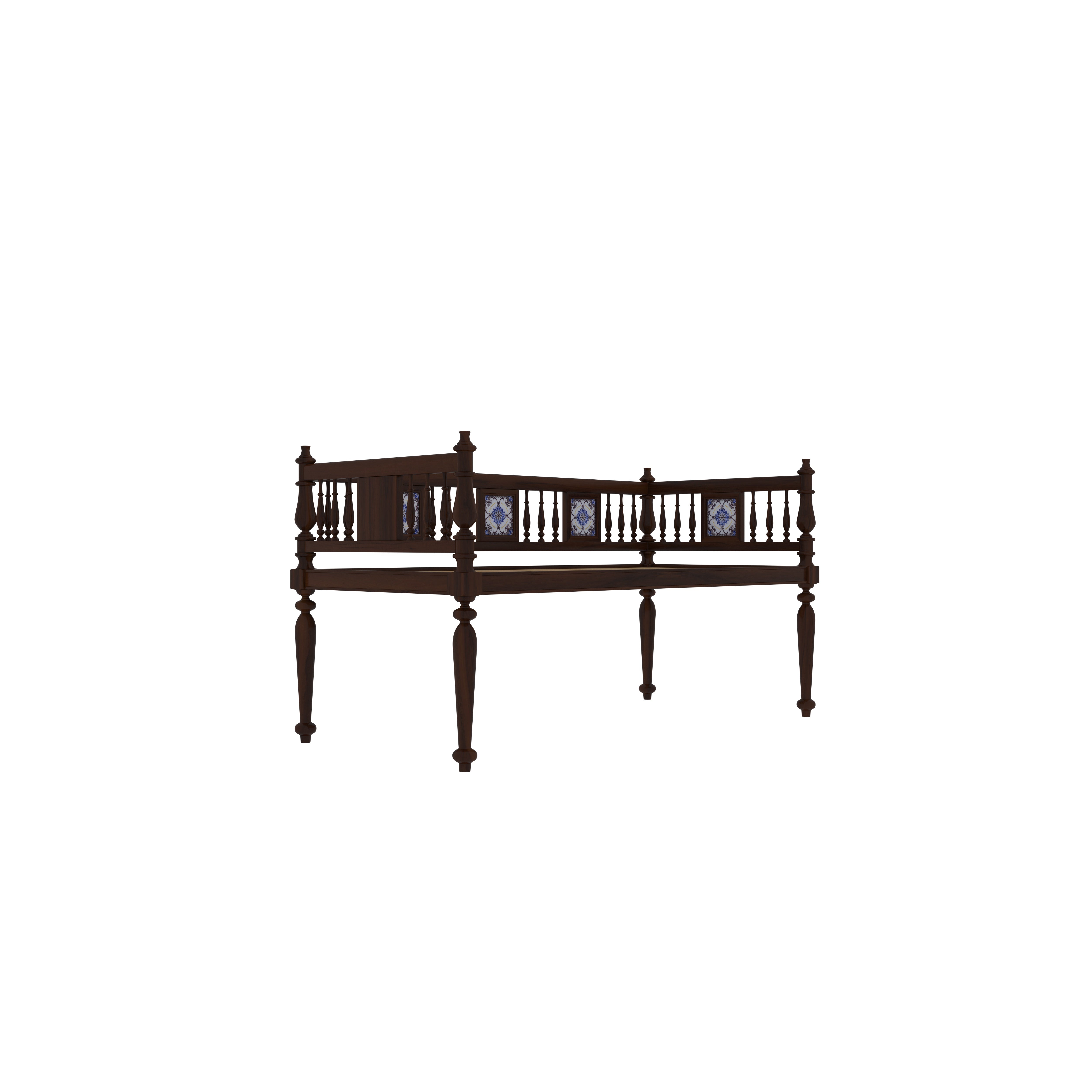 Traditional Wooden Daybed with Handcrafted Spindles & Ceramic Tile Inlay Bench