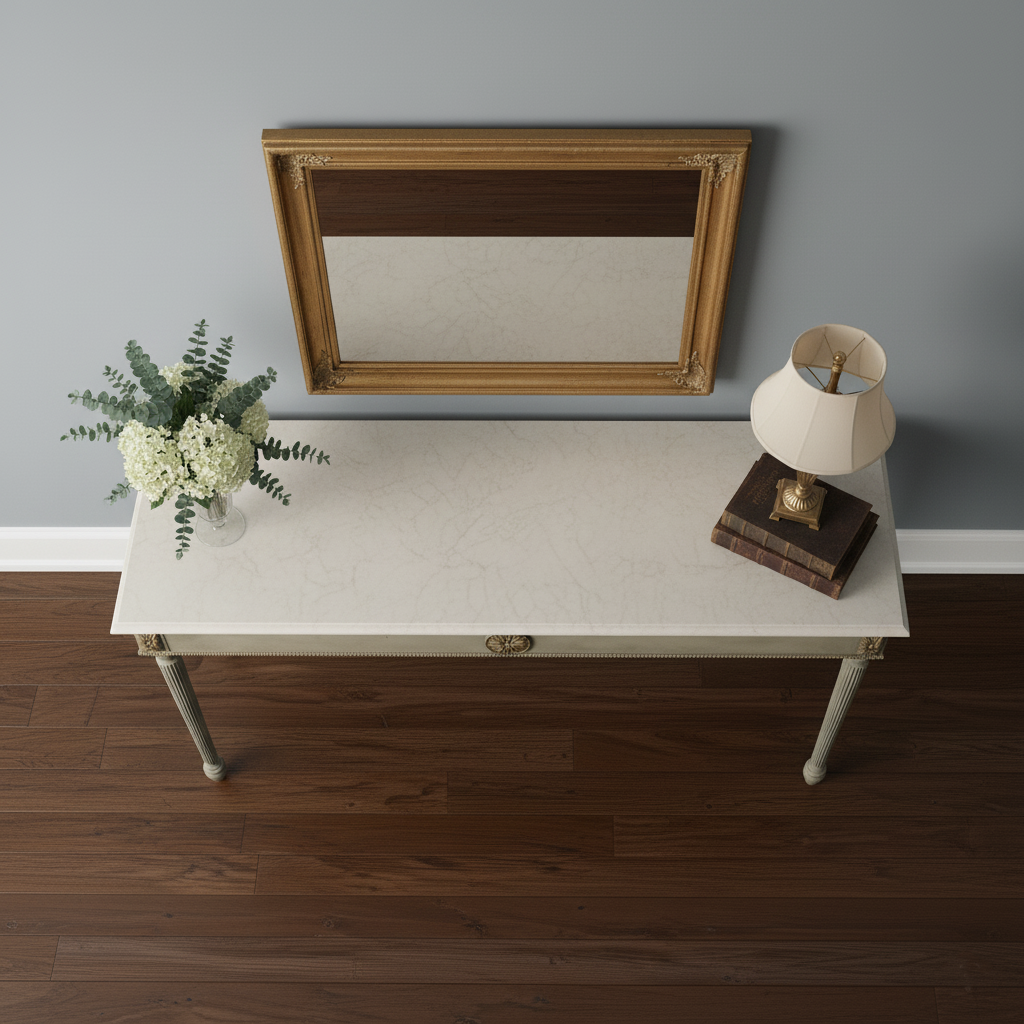 Neoclassical Console Table with Central Medallion and Fluted Columns Console Table