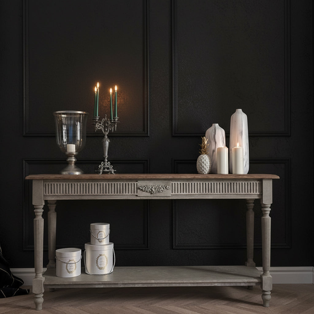 Two-Tier Console Table with Fluted Frieze, Central Medallion and Lower Shelf Console Table