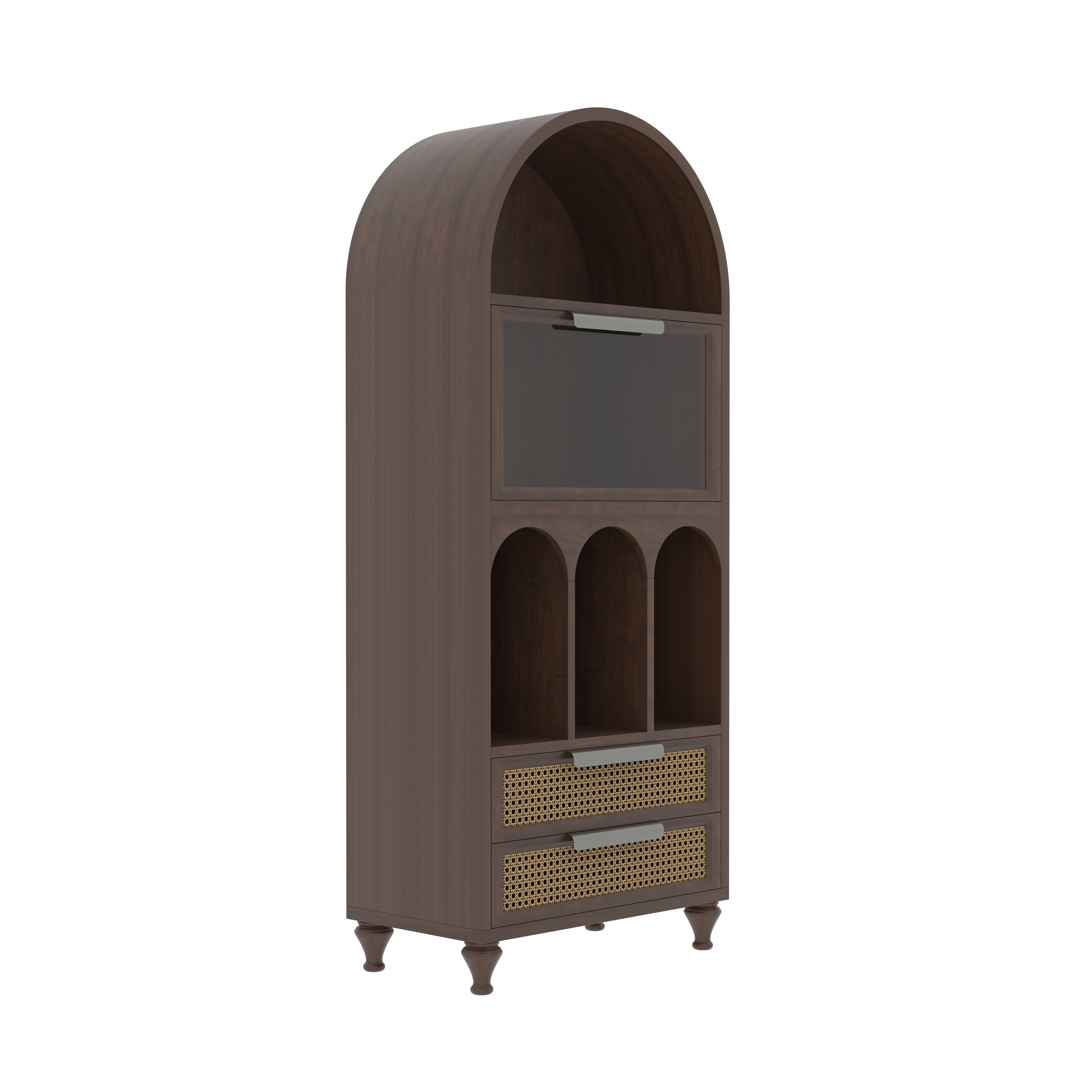 Montelaro Arco European Luxury Wardrobe with Sculpted Arch Display, Glass Cabinet, and Artisan Cane Drawers Wardrobe