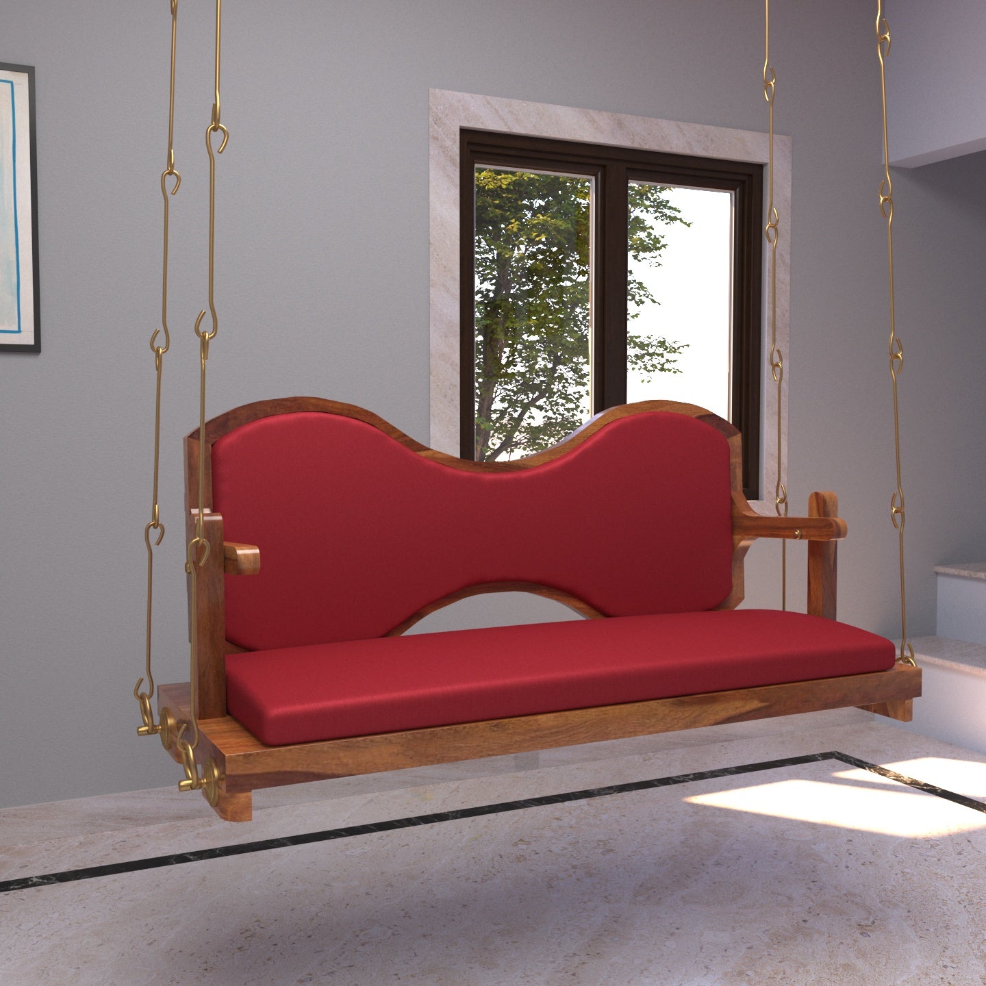 Classic Cherry Reddish Boomerang Style Back Wooden Swing for Home Swing