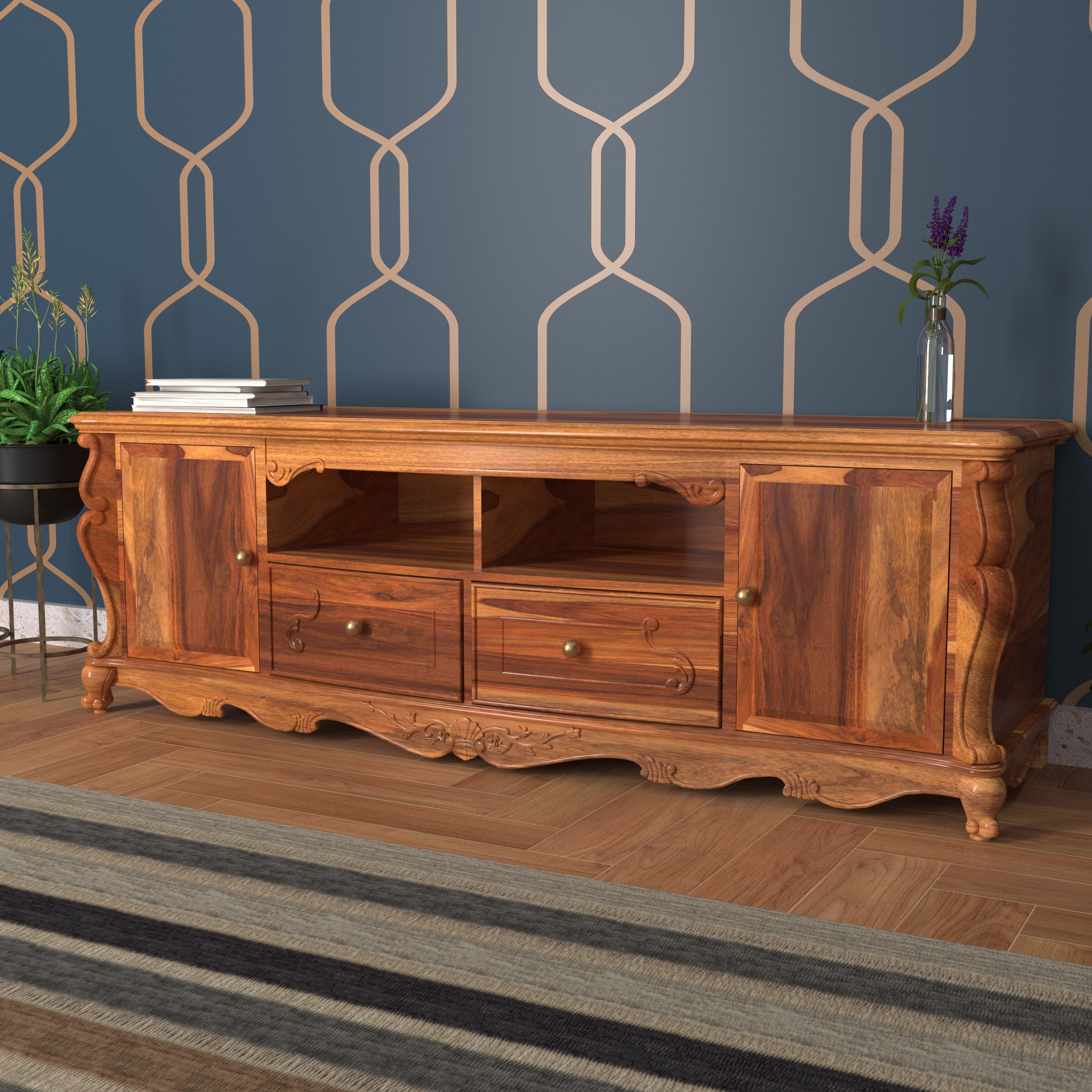 Optimistic Fusion Bottom Carved Style Handmade Woooden TV Stand Tv stand
