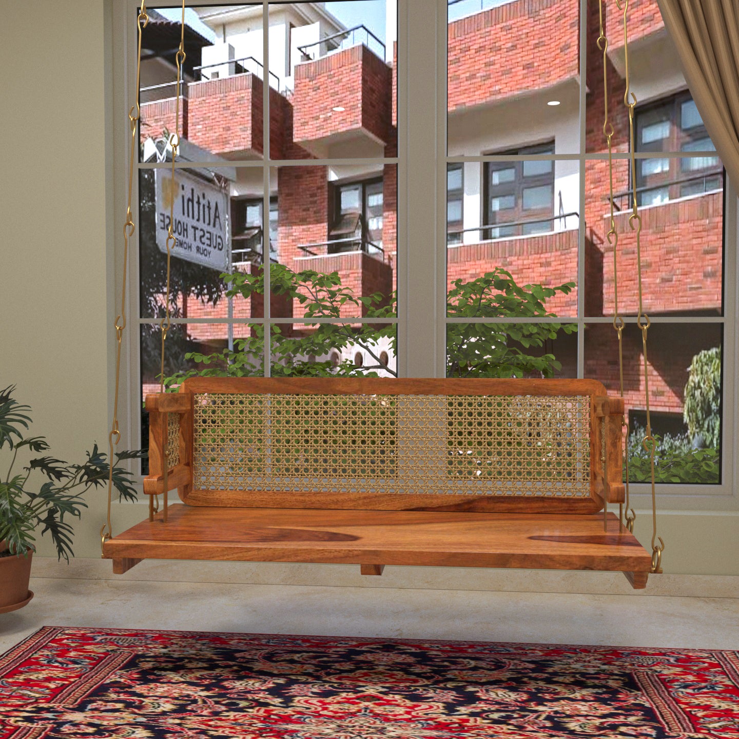 Classic Reversible Cane Back Wooden Handmade Swing for Home Swing