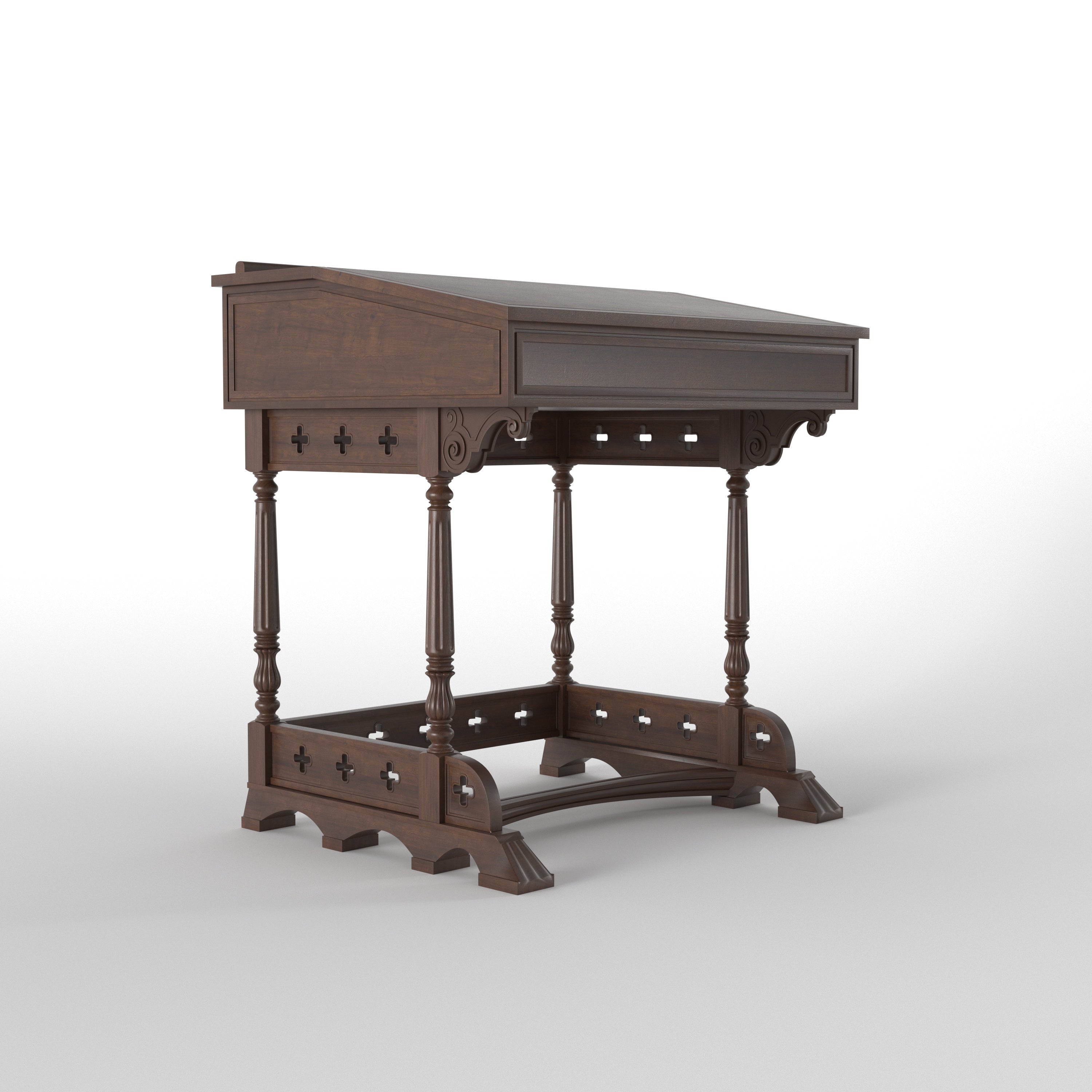 Handcrafted Gothic Altar Table with Cross Cutout Aprons, Turned Legs & Curved Stretcher Study Table