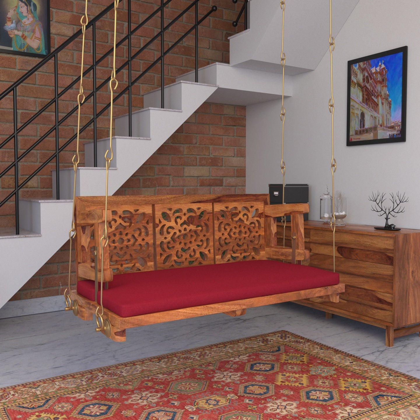 Vintage Carved Back Designed Red Upholstery Handmade Swing for Home Swing