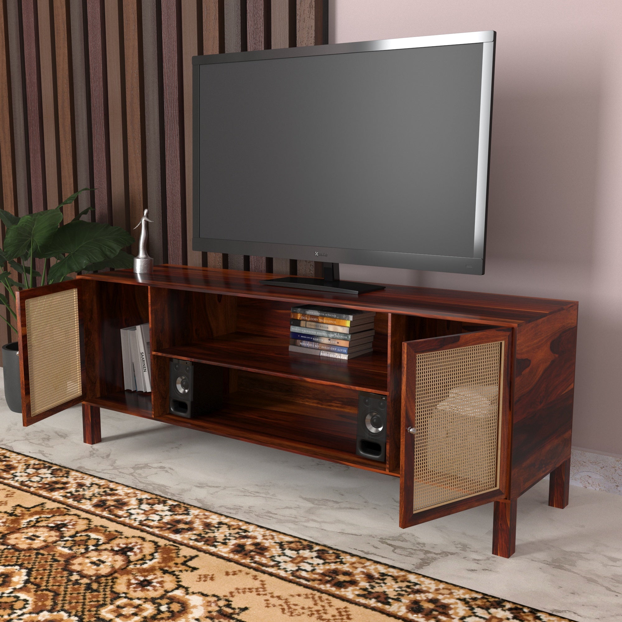 Premium Aesthetic Dark Handmade Wooden Cane TV Stand for Home Tv stand