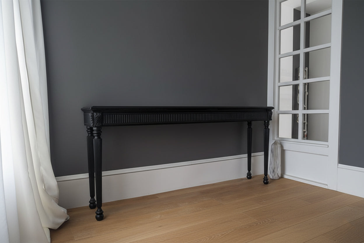 Sophisticated Black Console Table with Fluted Frieze and Turned Legs Console Table
