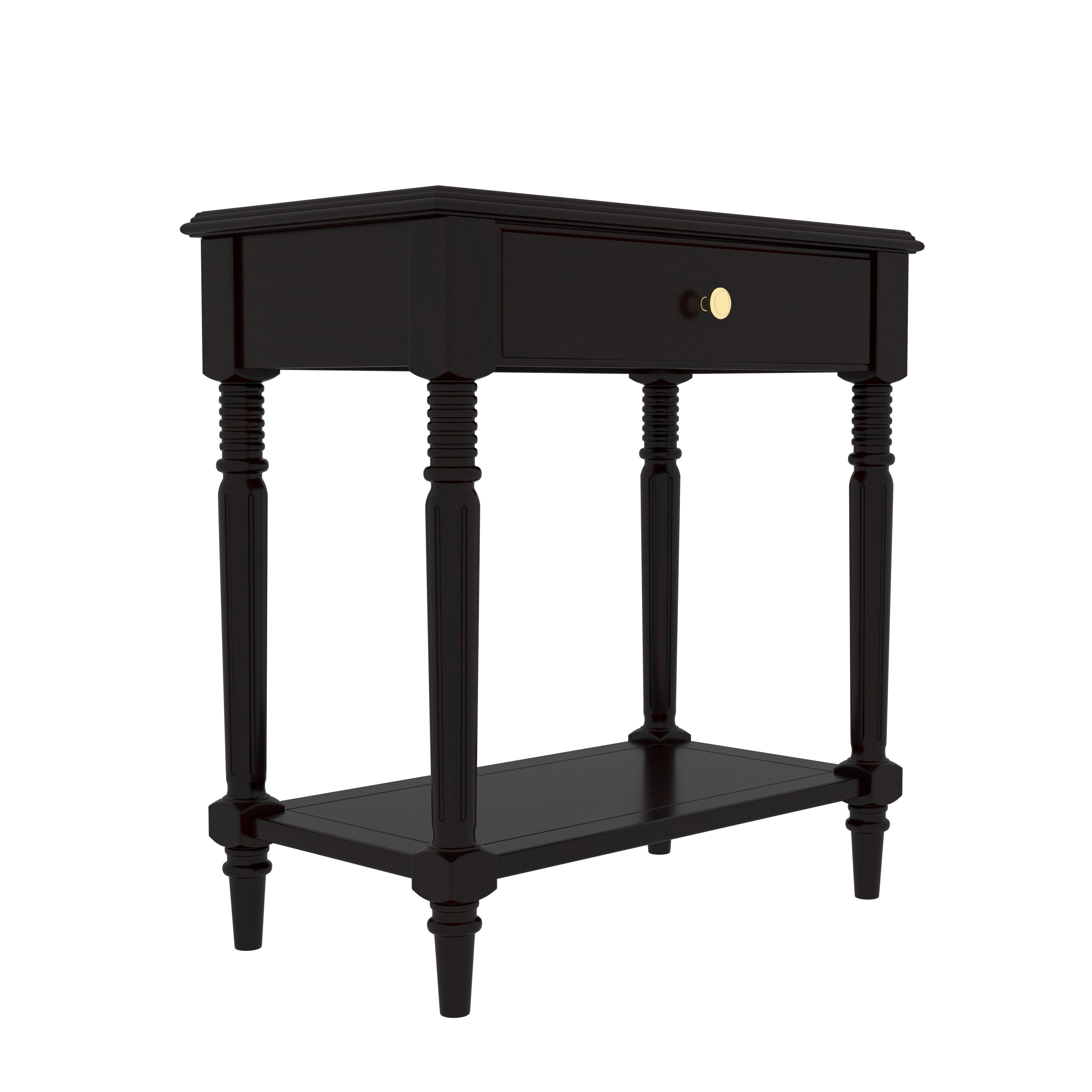 Classic Black Bedside Table with Turned Legs & Brass Knob Bedside