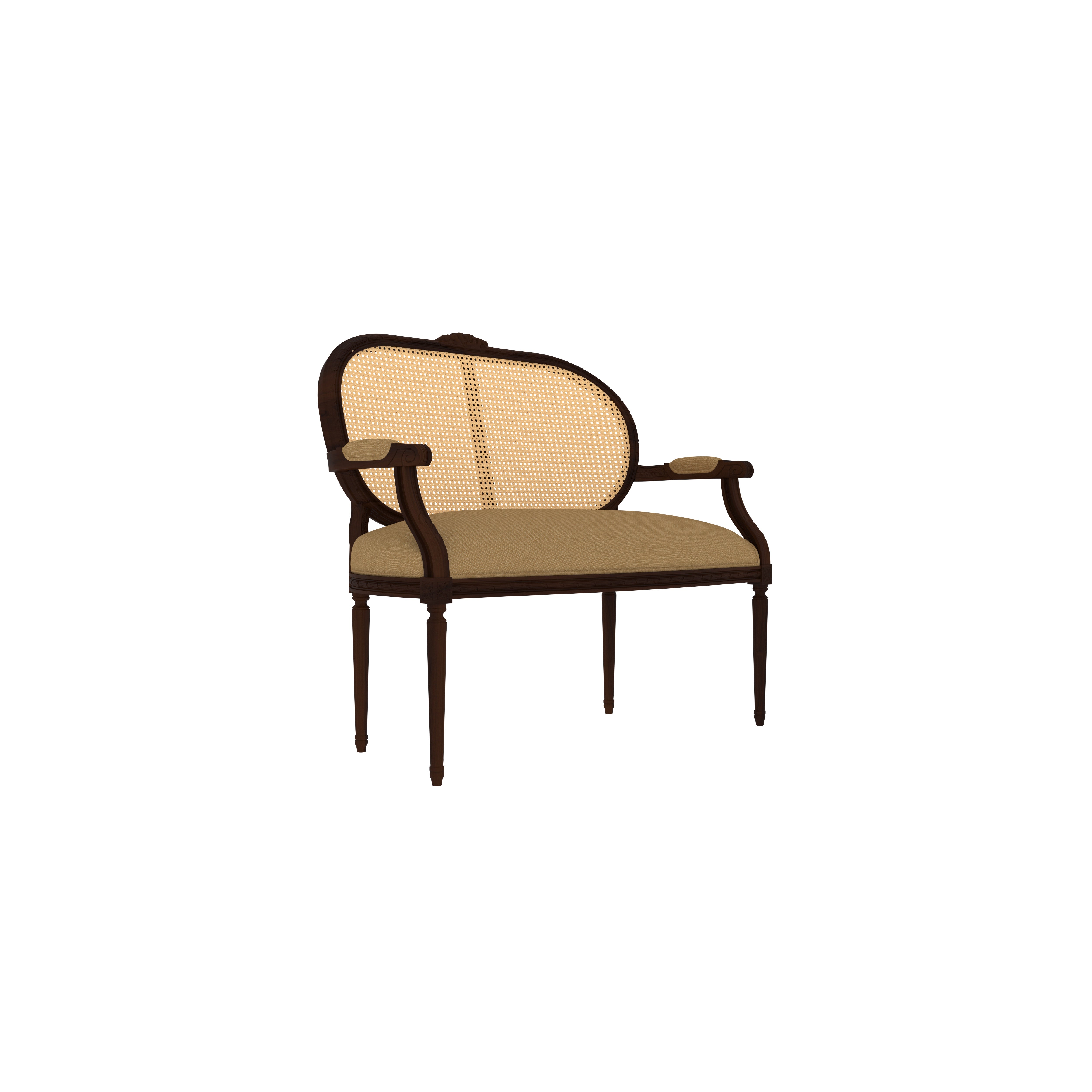 Vintage Cane-Back Wooden Loveseat with Upholstered Seat Sofa