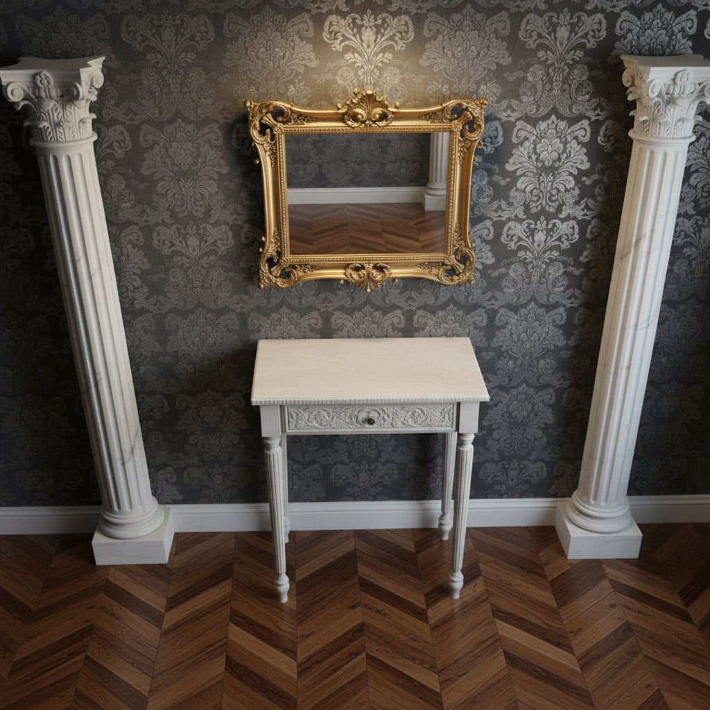 Elegant Console Table with Hand-Carved Drawer and Fluted Columns Console Table