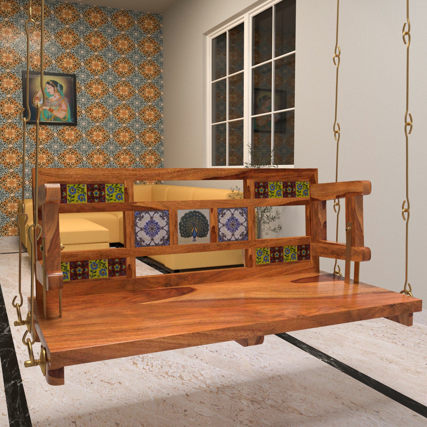 Heritage Tiles Fitted Large Handmade Wooden Swing for Home Swing