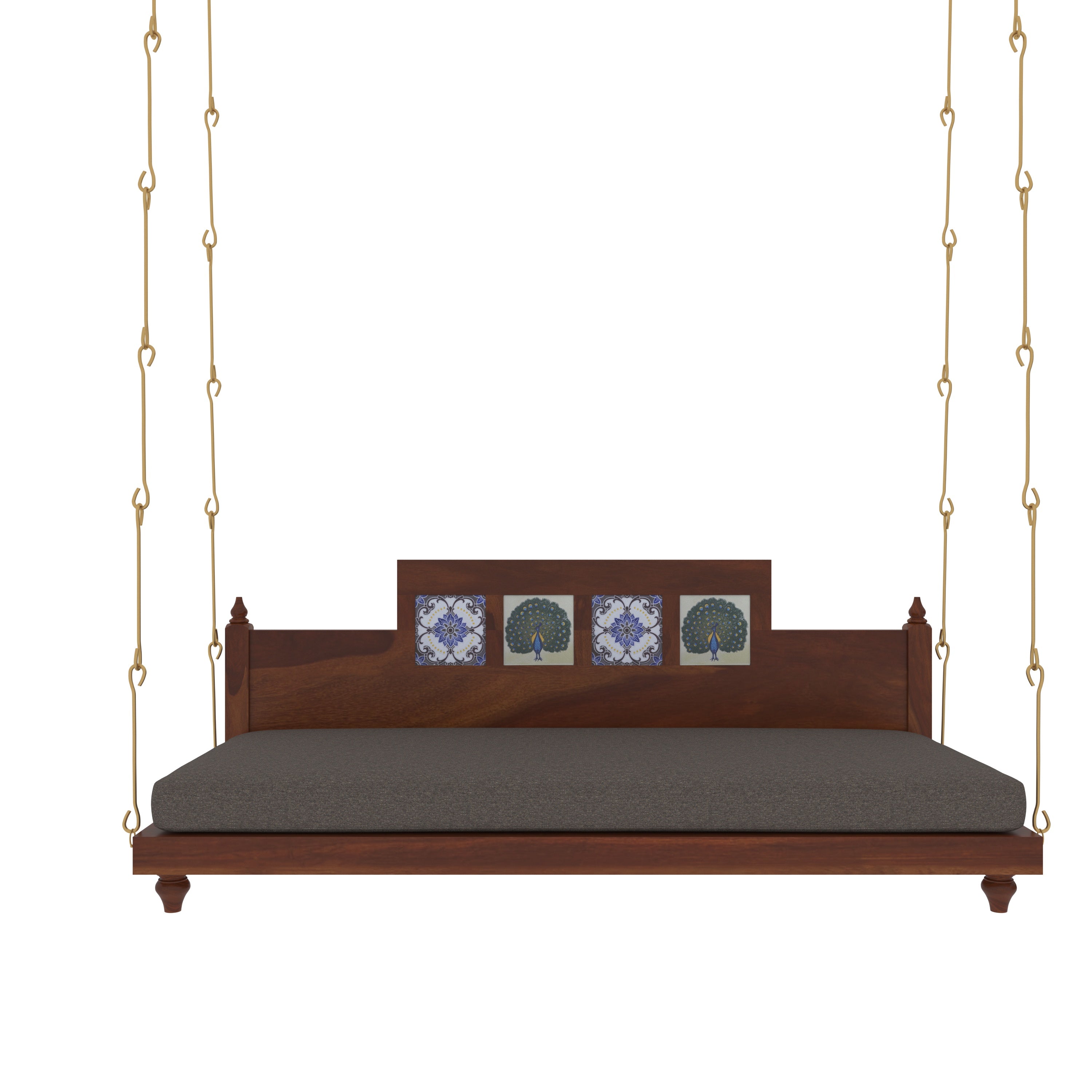 Artistic Wooden Swing with Hand-Painted Peacock Tiles – Balcony Jhula with Cushioned Seating Swing