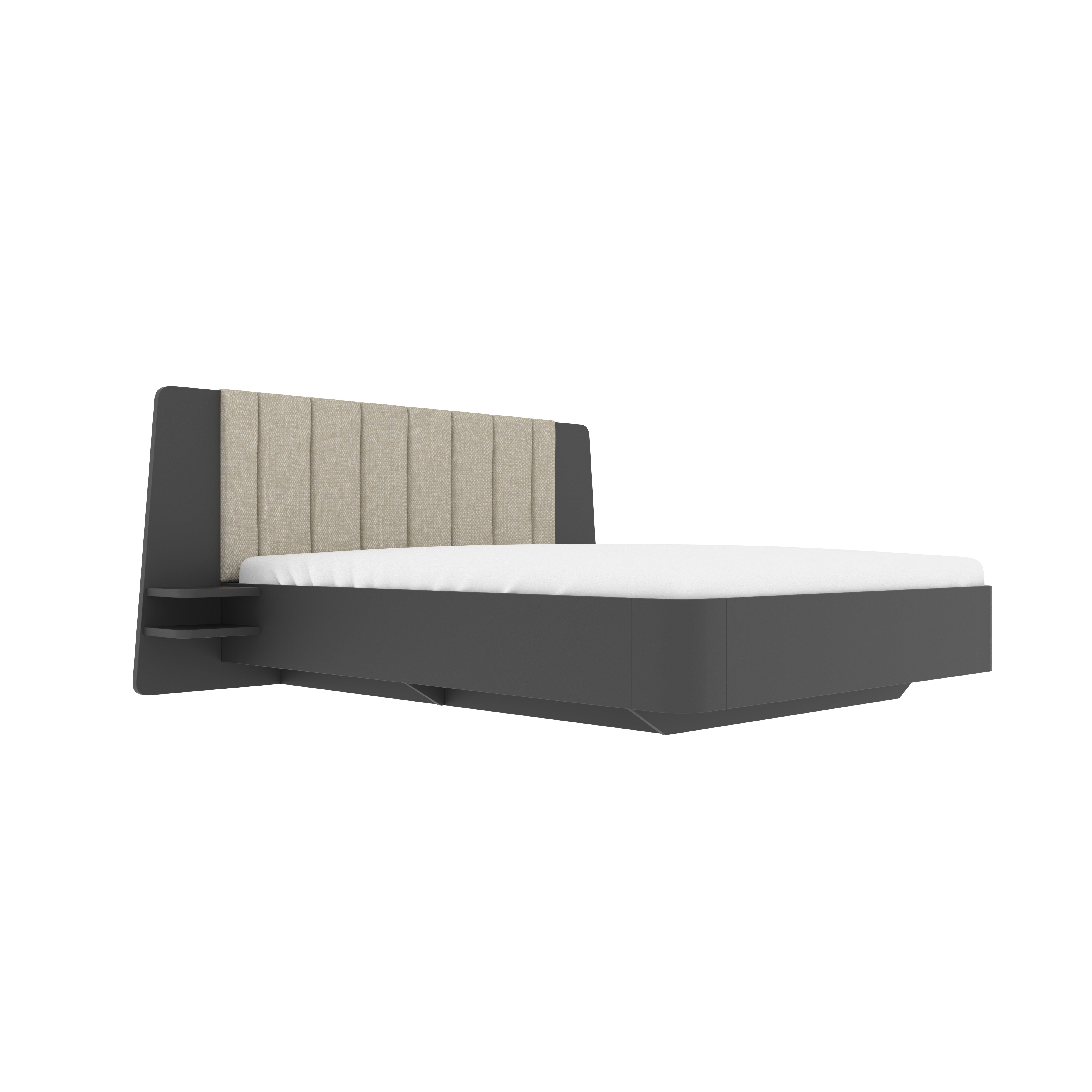 Upholstered Platform Bed with Vertical Panel Headboard & Side Shelf Design Bed