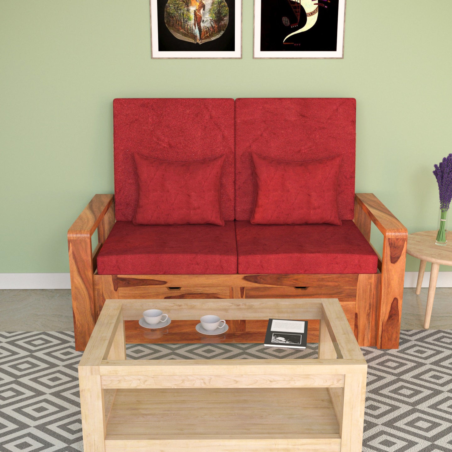 Retro Reddish Vintage Sheesham Wooden 2 Seater Sofa with Storage Sofa