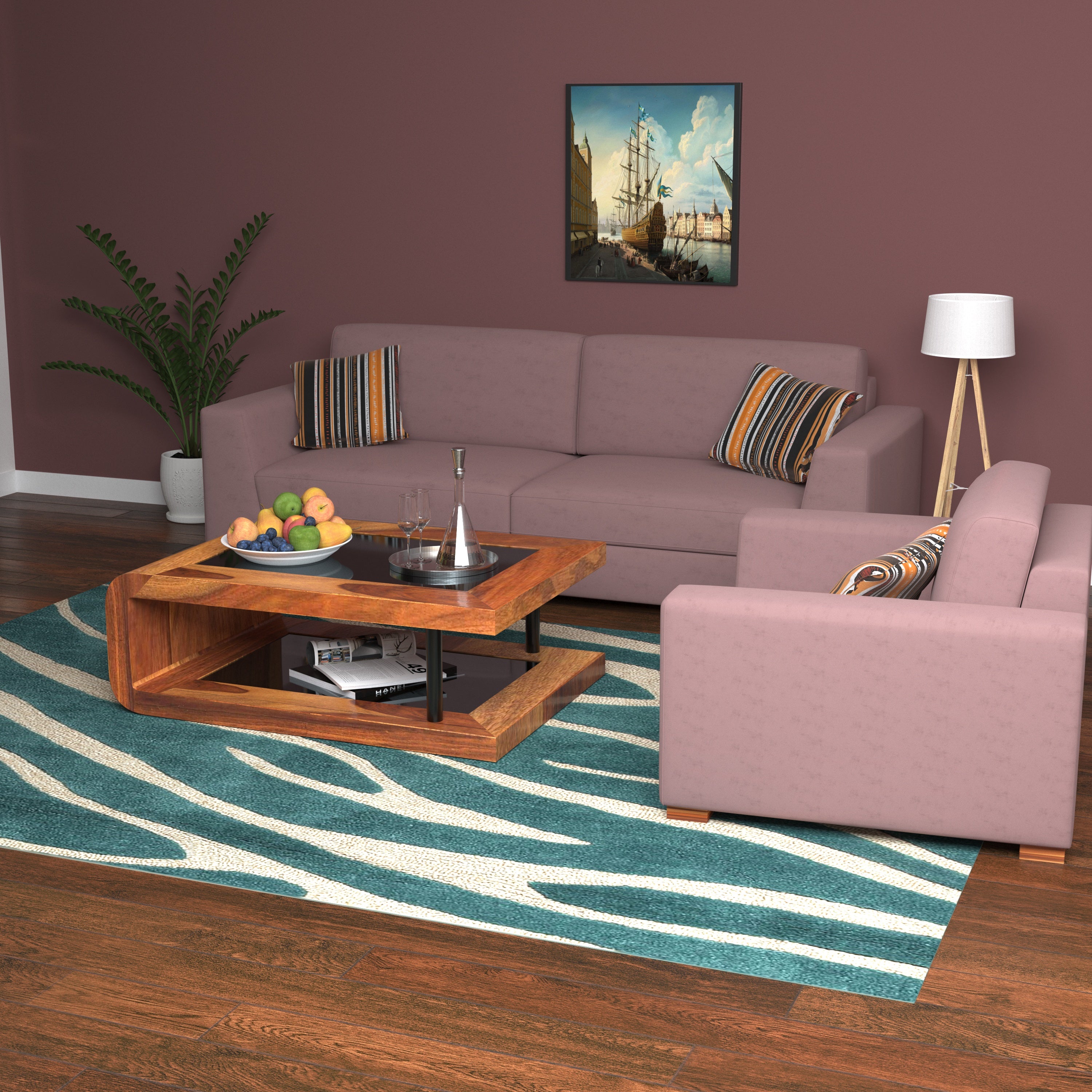 Indian Red Pastel Coloured Comfort 2+1 Seater Sofa + Center Table for Home Sofa