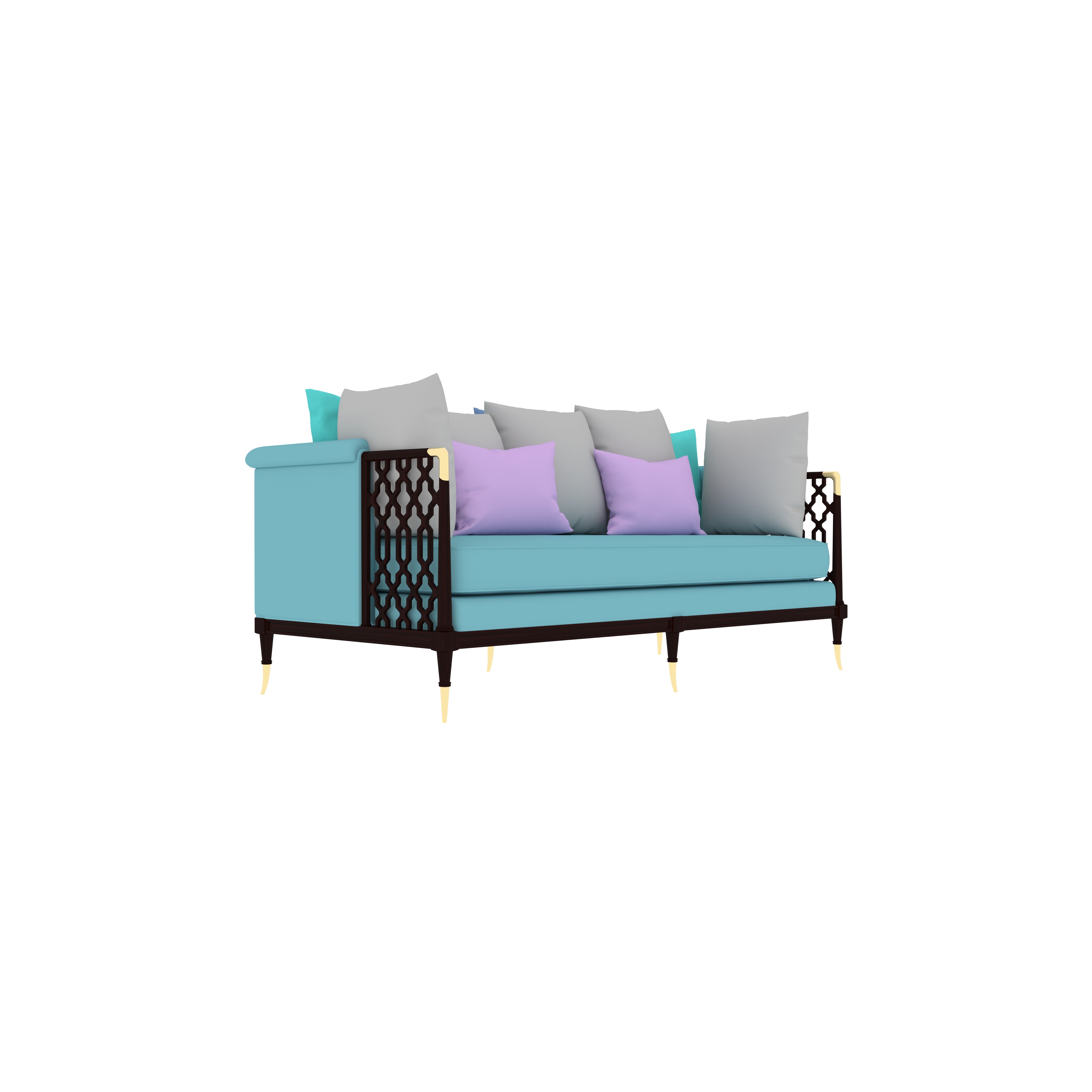 Contemporary Blue Sofa with Ornate Armrests and Multicolor Cushions Sofa