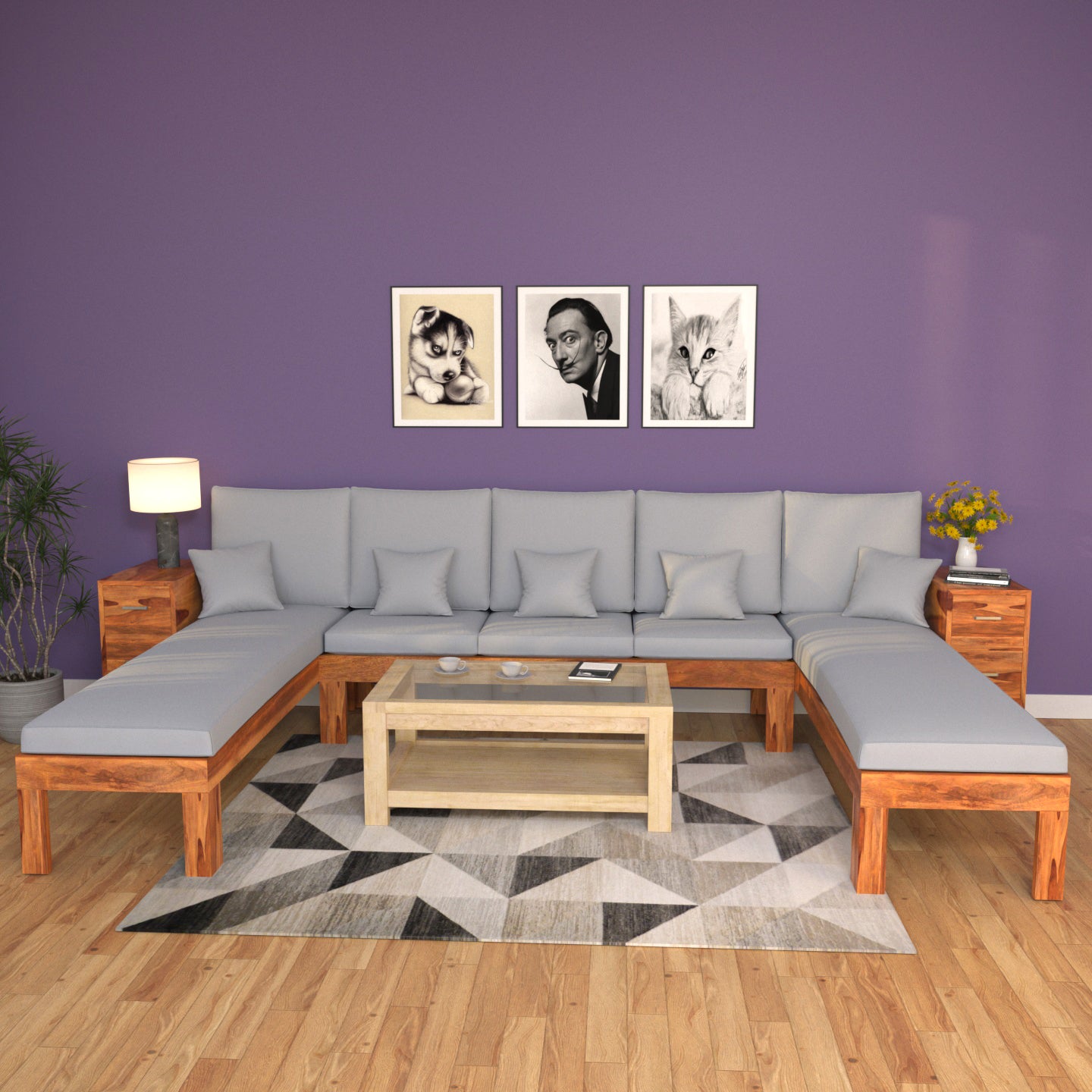 Slate Light Gray Classic Nine Seater Wooden Sofa Sofa