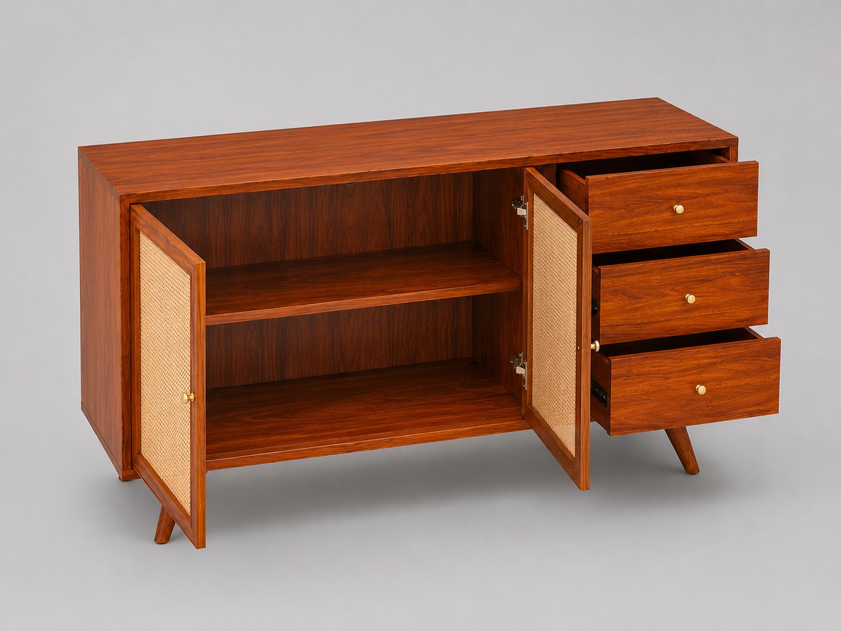 Elegant Cane Sideboard with Two Doors and Three Drawers sideboard