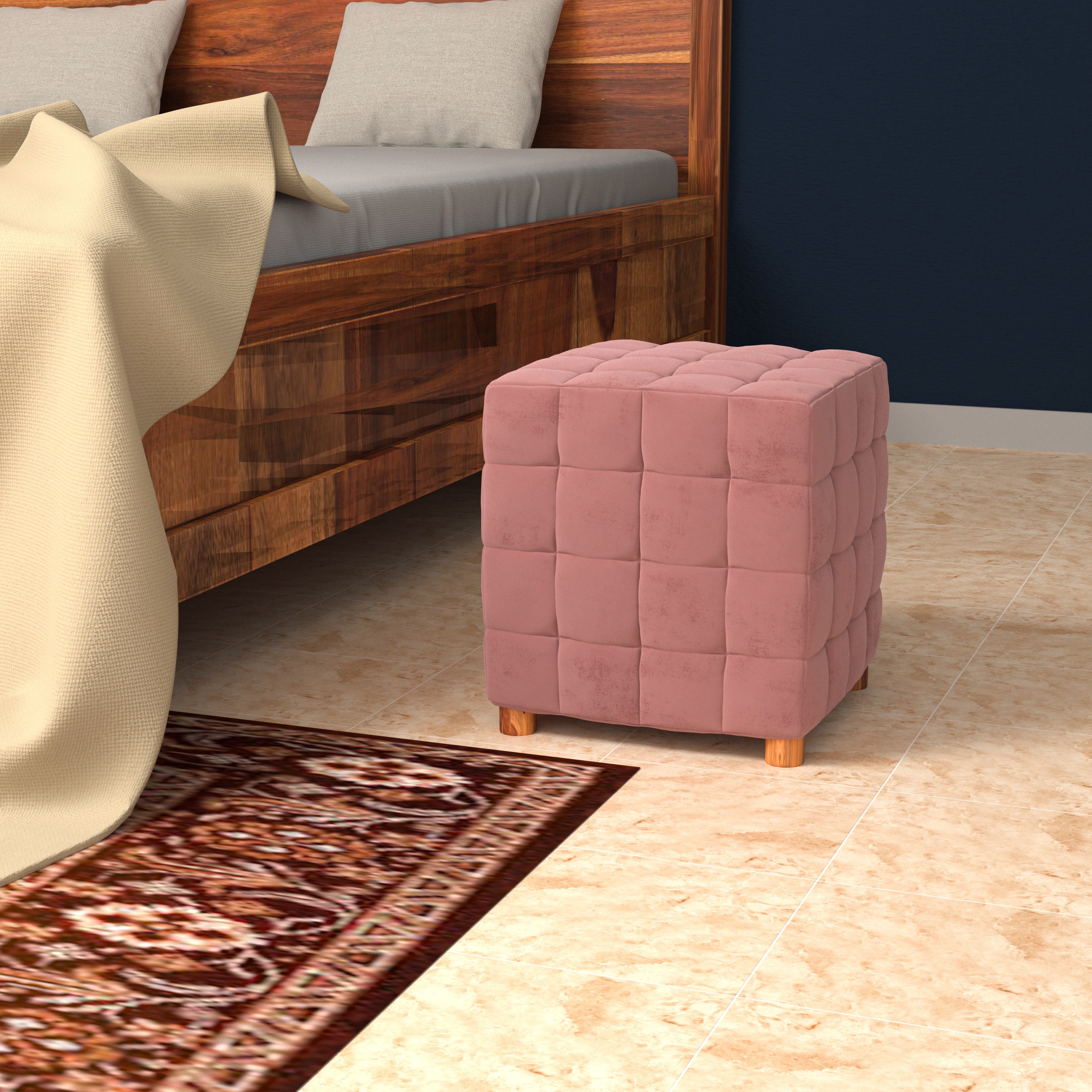 Antique Pulp Pink Wooden Smooth Finish Light Seating Stool Pouf