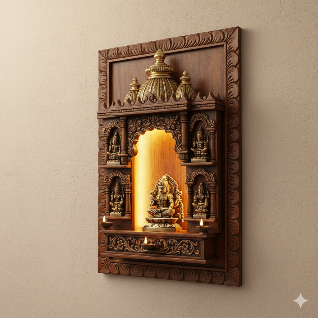 Wall-Mounted Temple with LED Lighting - Handcrafted Wooden Mandir (Murti is not included) Temple