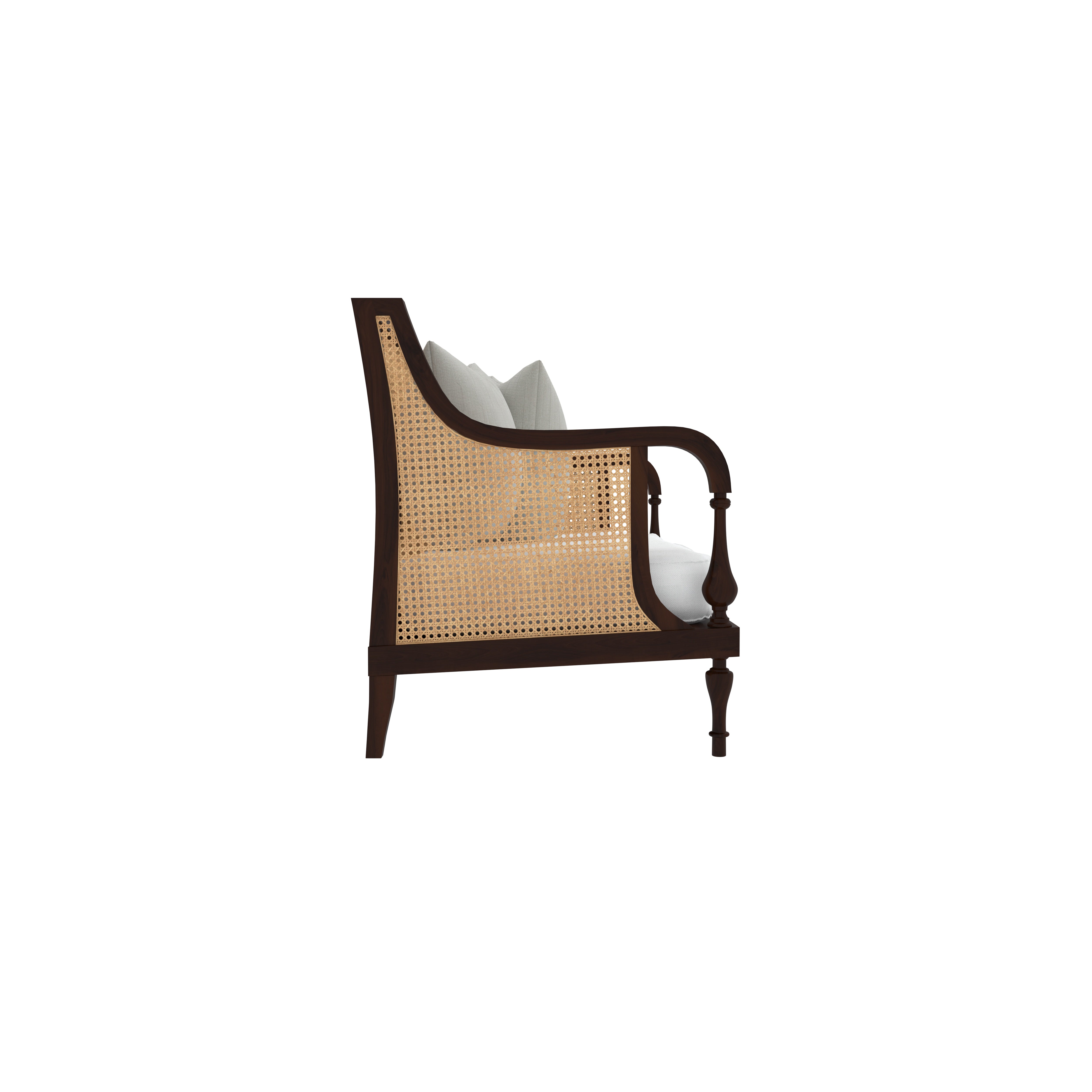 Elegant Wooden Cane-Back Sofa with Cushions – Classic Rattan Style Sofa