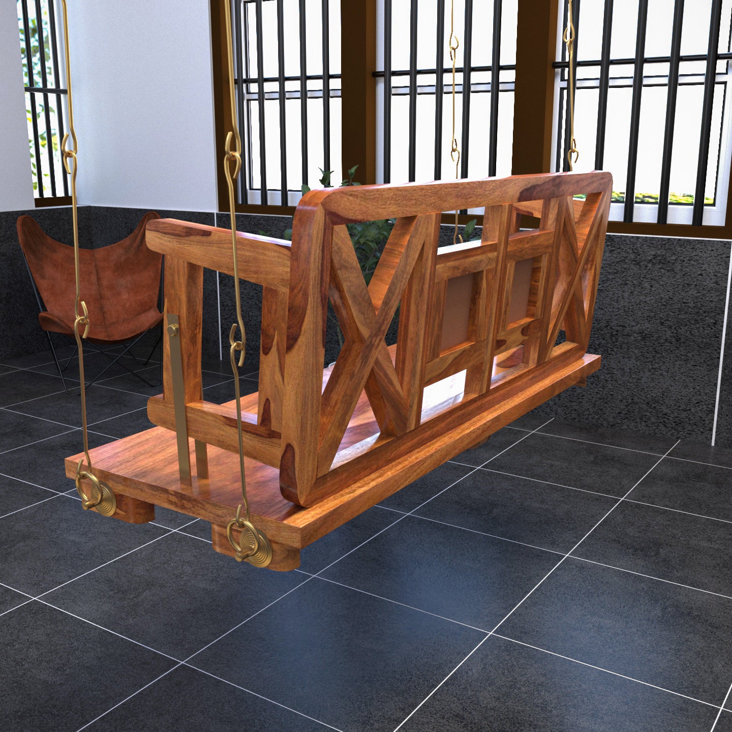 Modern Castle Style Tile Fitted Wooden Handmade Swing for Home Swing