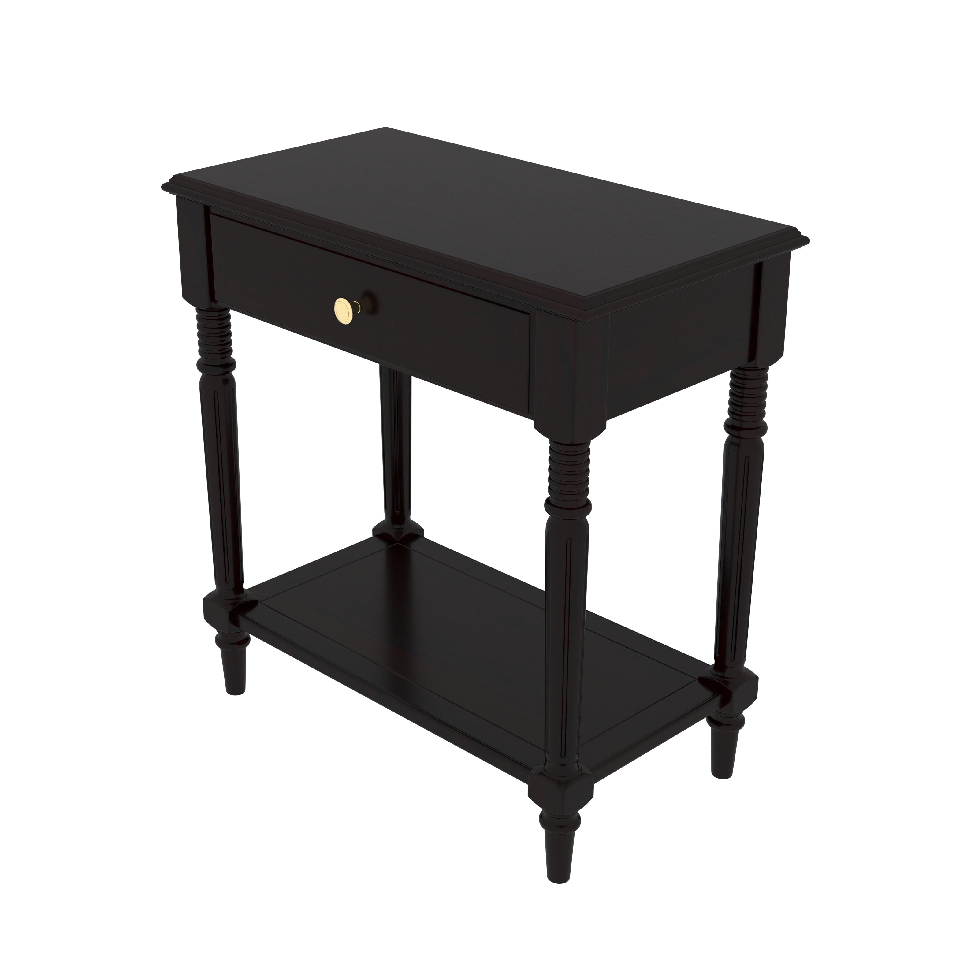 Classic Black Bedside Table with Turned Legs & Brass Knob Bedside