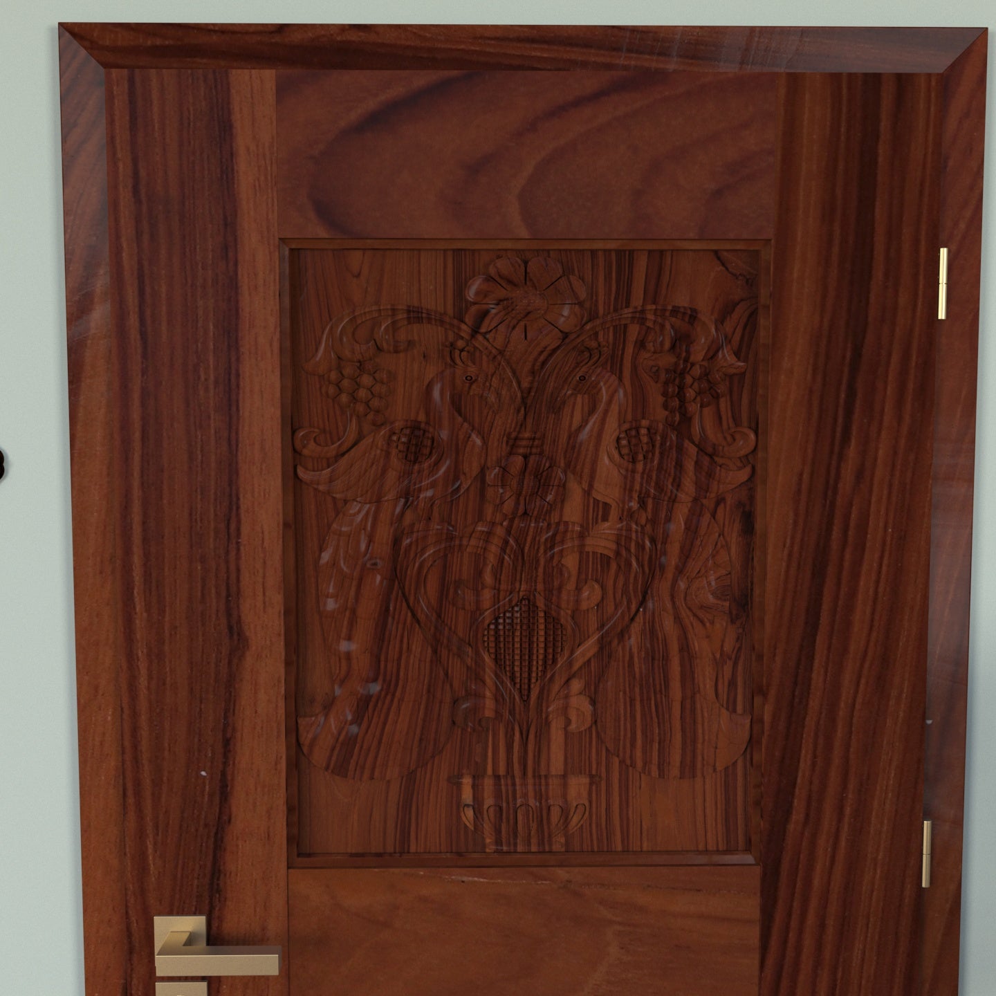 Solid Teak Carved Bird Designed 3 by 6 Door with Choukat Door