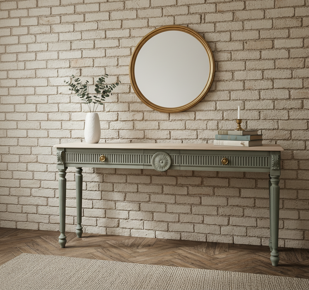 Sage Green Console Table with Brass Accents - Fluted Neoclassical Design Console Table
