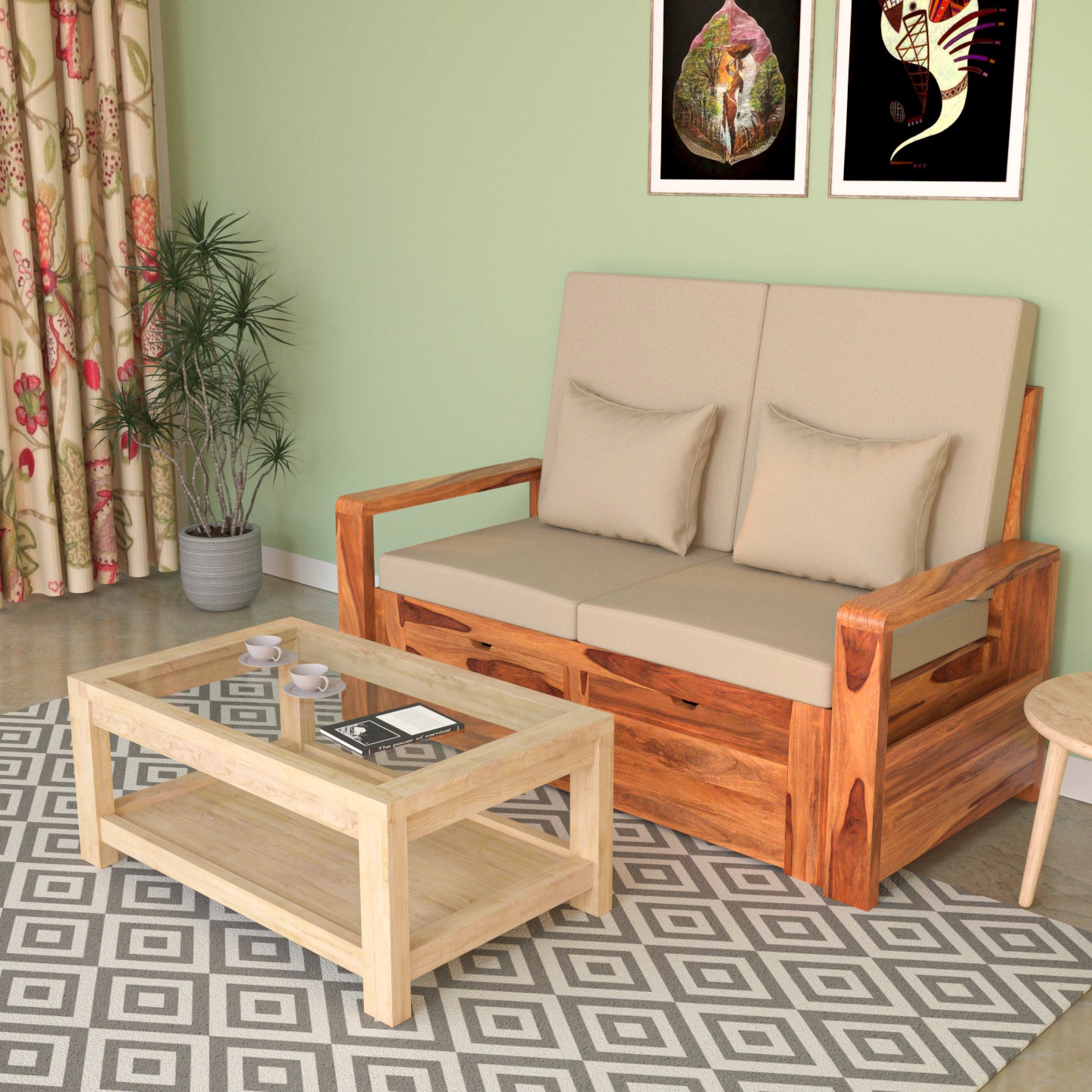 Mellow Cream Premium Sheesham Wooden 2 Seater Sofa with Storage Sofa
