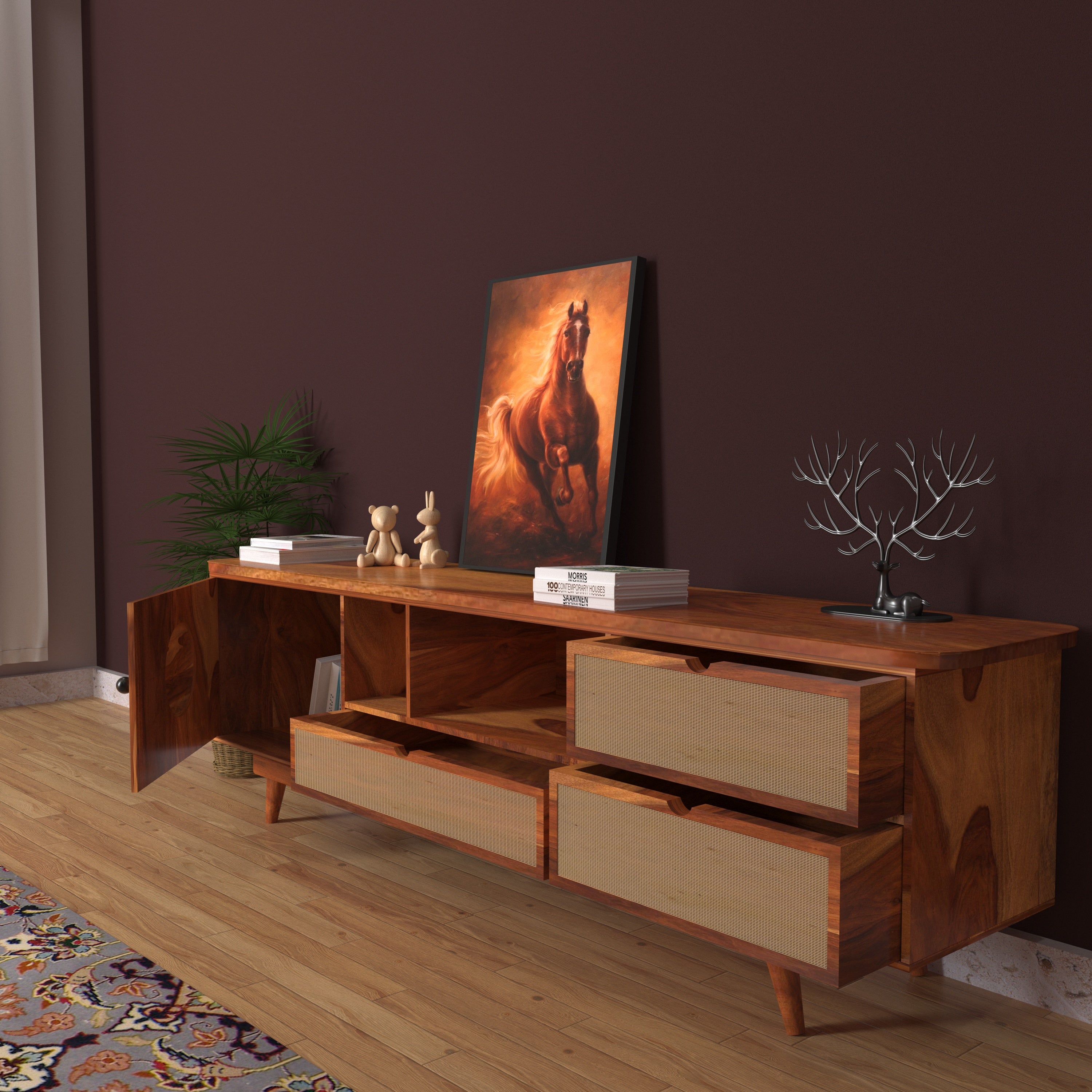 Antique Retro Light Finish Handmade Wooden Multistorage TV Stand for Home Tv stand
