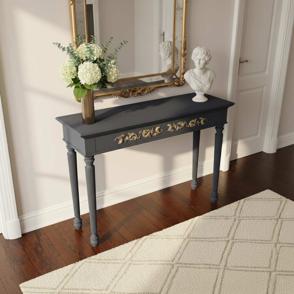 Classic Wooden Console Table with Golden Floral Inlay - Antique Style Console Table