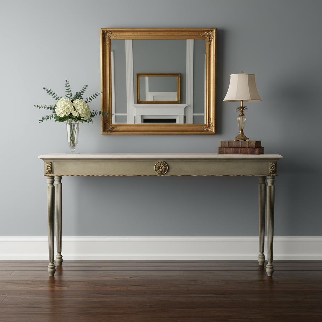 Neoclassical Console Table with Central Medallion and Fluted Columns Console Table