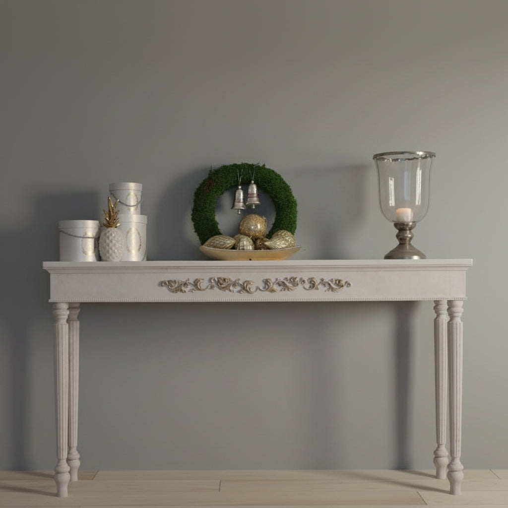 Elegant White Console Table with Hand-Carved Floral Details and Fluted Columns Console Table