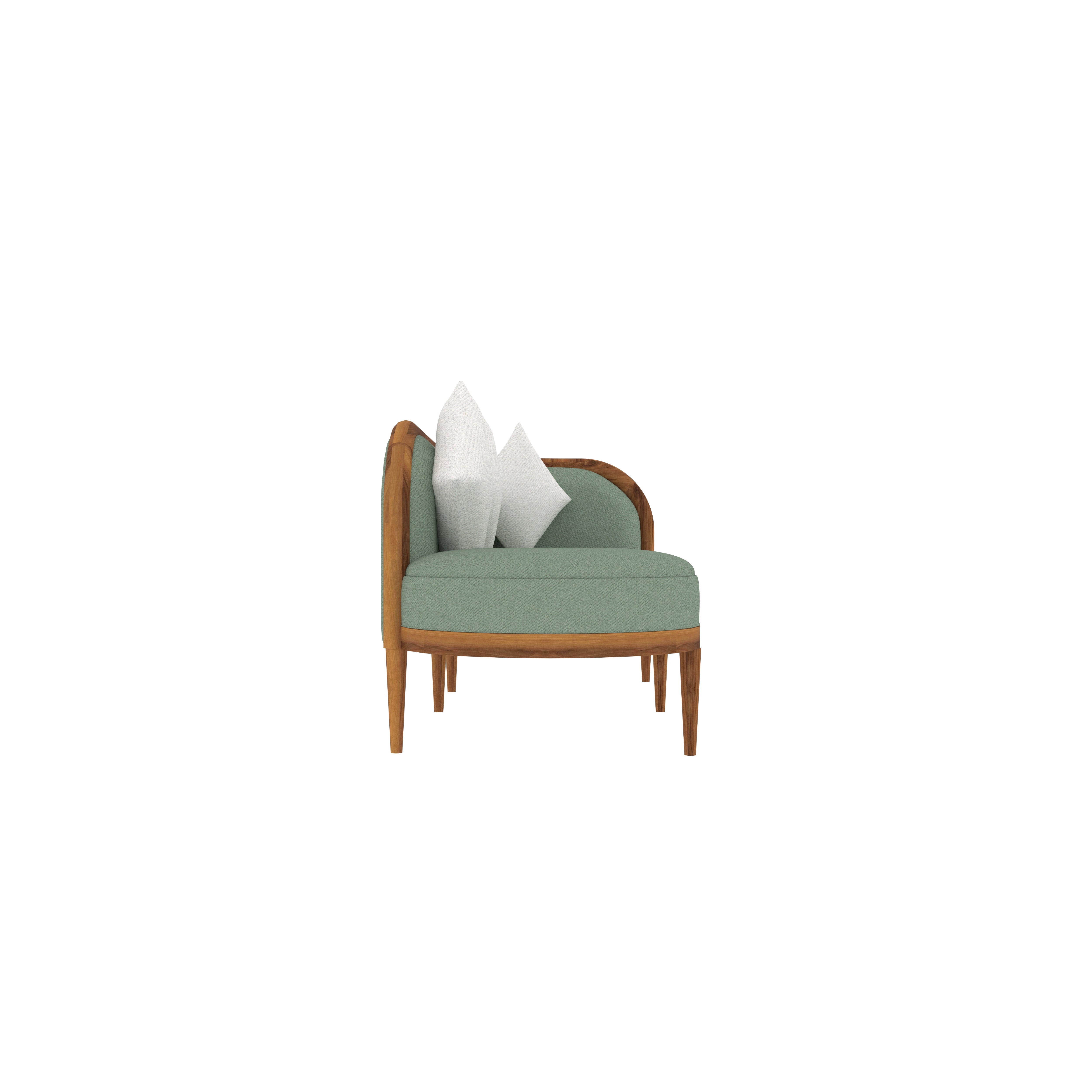 Elegant Teak Wood Curved Back Sofa with Mint Green Upholstery – Modern Vintage Design Sofa