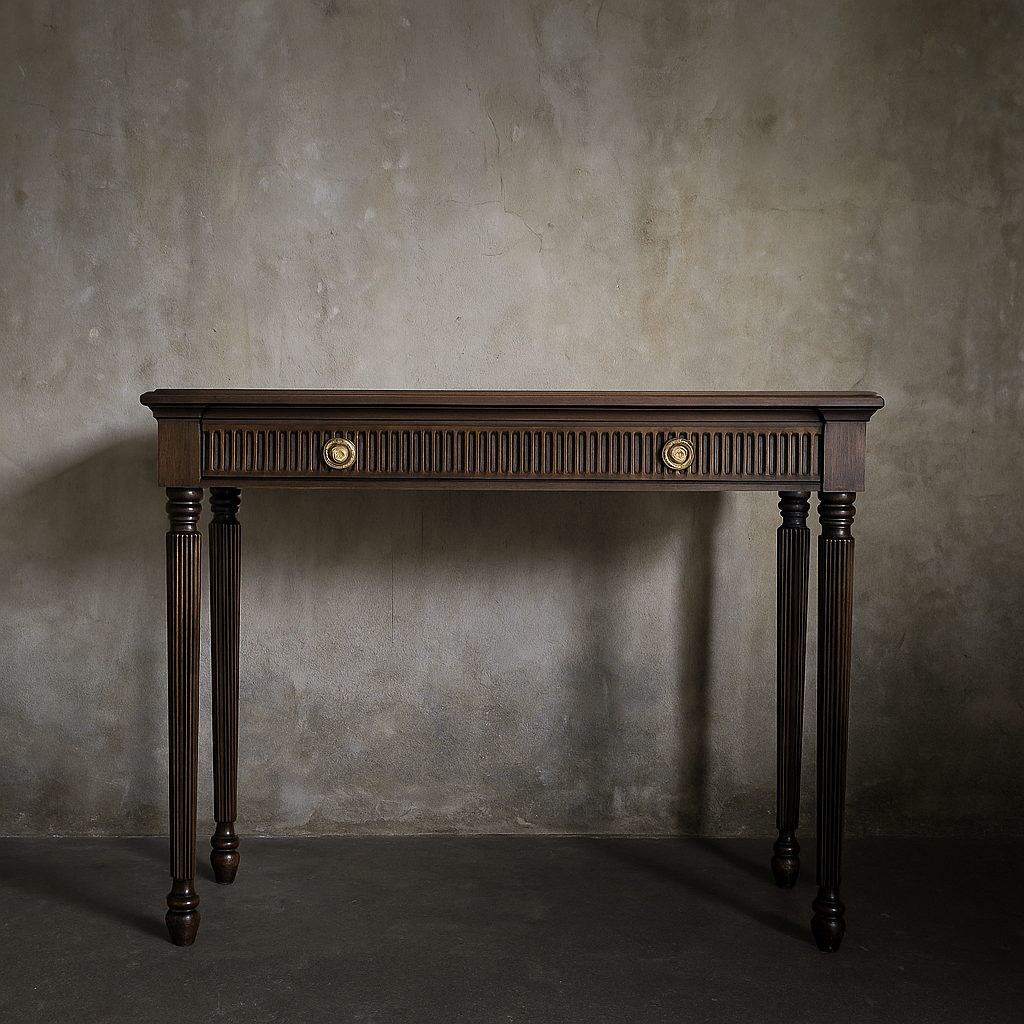 Classic Dark Wood Console Table with Fluted Frieze and Brass Hardware Console Table