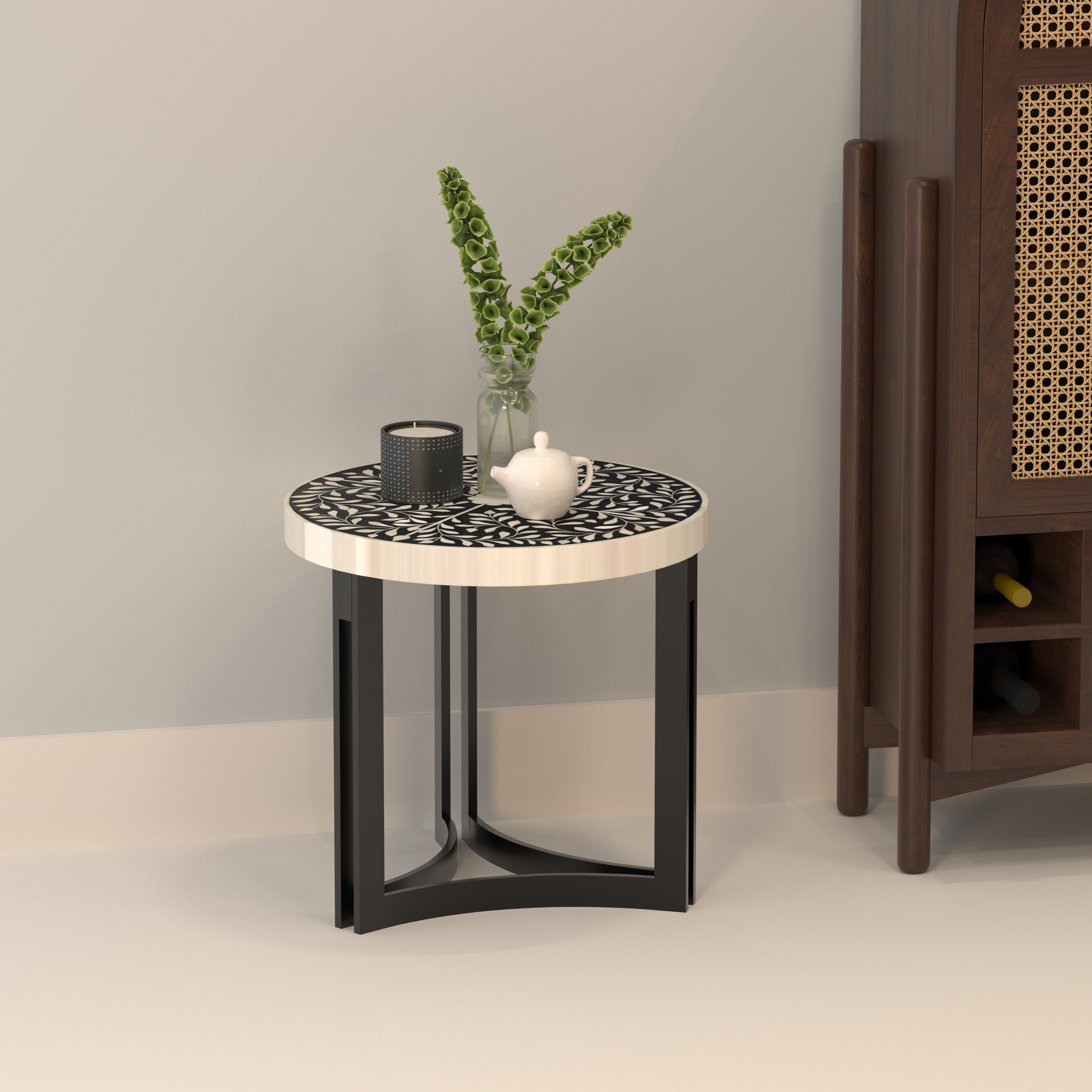 Medallion End Table - Hand-Painted Floral Artistry End Table