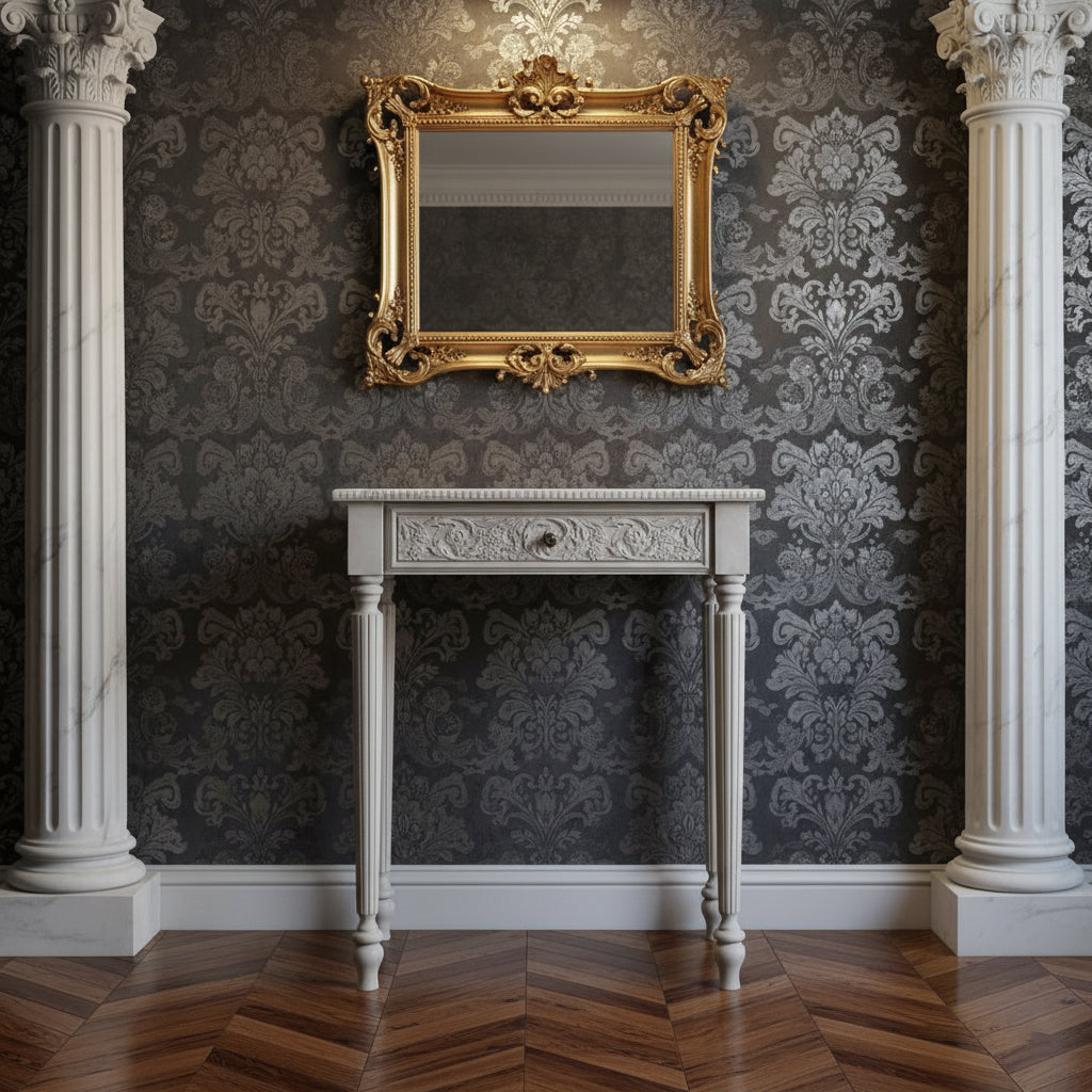Elegant Console Table with Hand-Carved Drawer and Fluted Columns Console Table