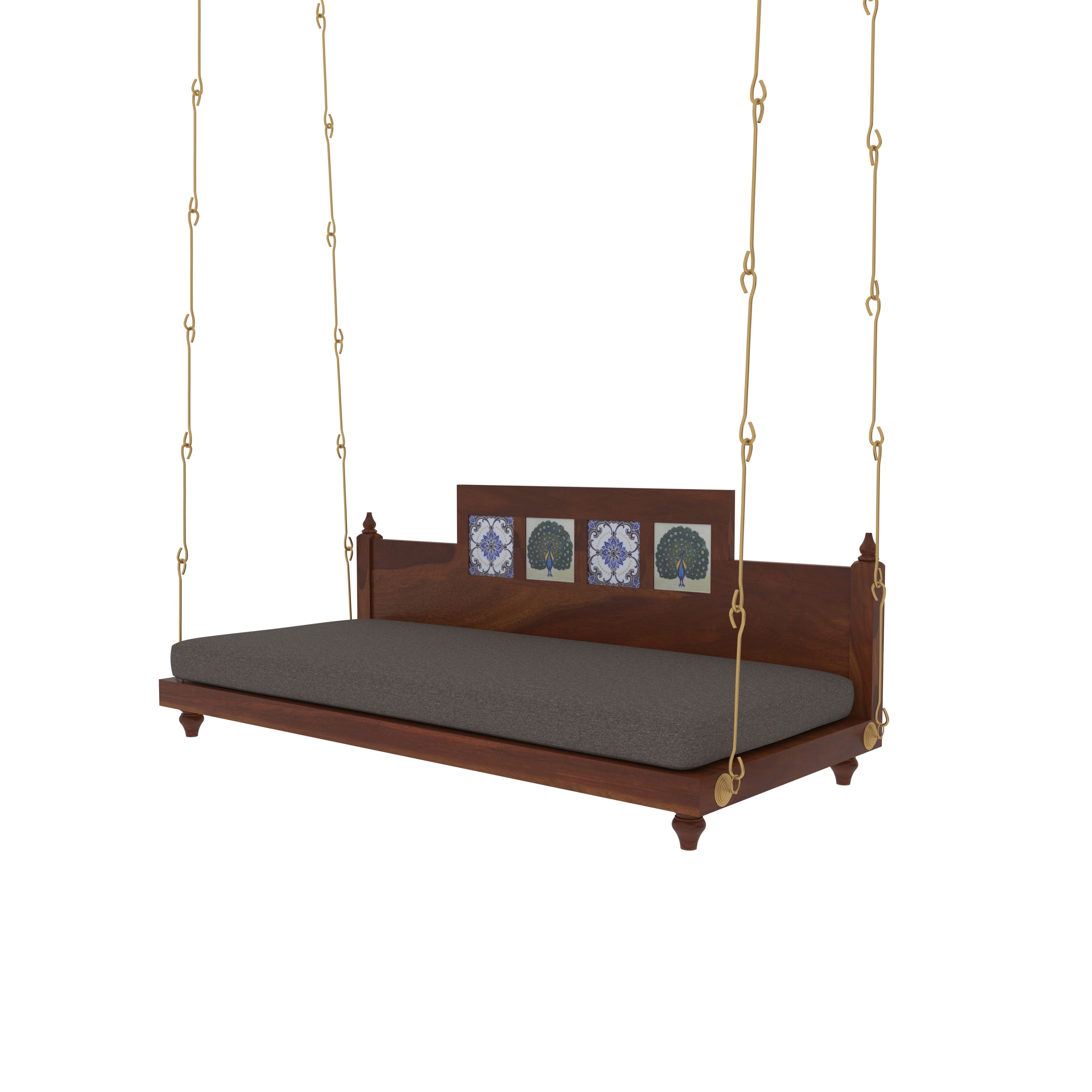 Artistic Wooden Swing with Hand-Painted Peacock Tiles – Balcony Jhula with Cushioned Seating Swing