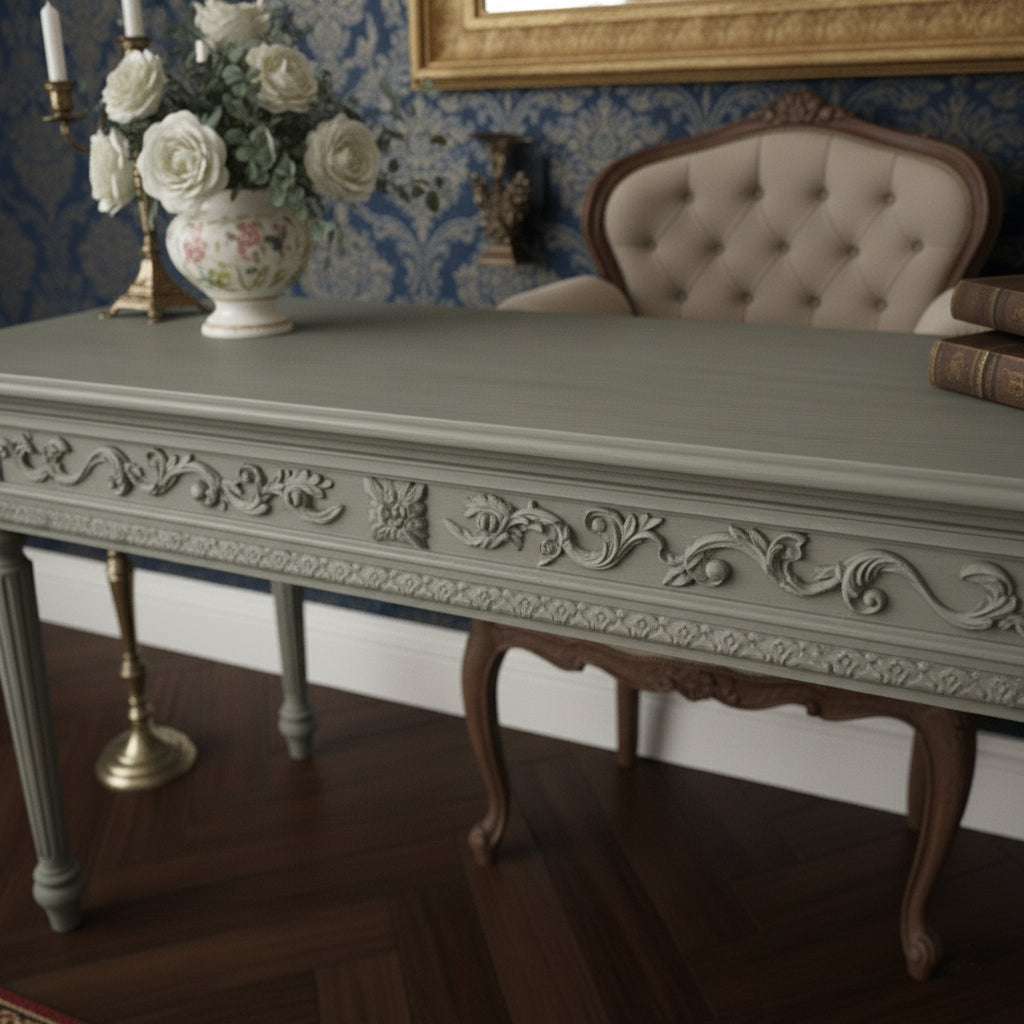 Ornate Sage Green Console Table - Hand-Carved French Provincial Design Console Table