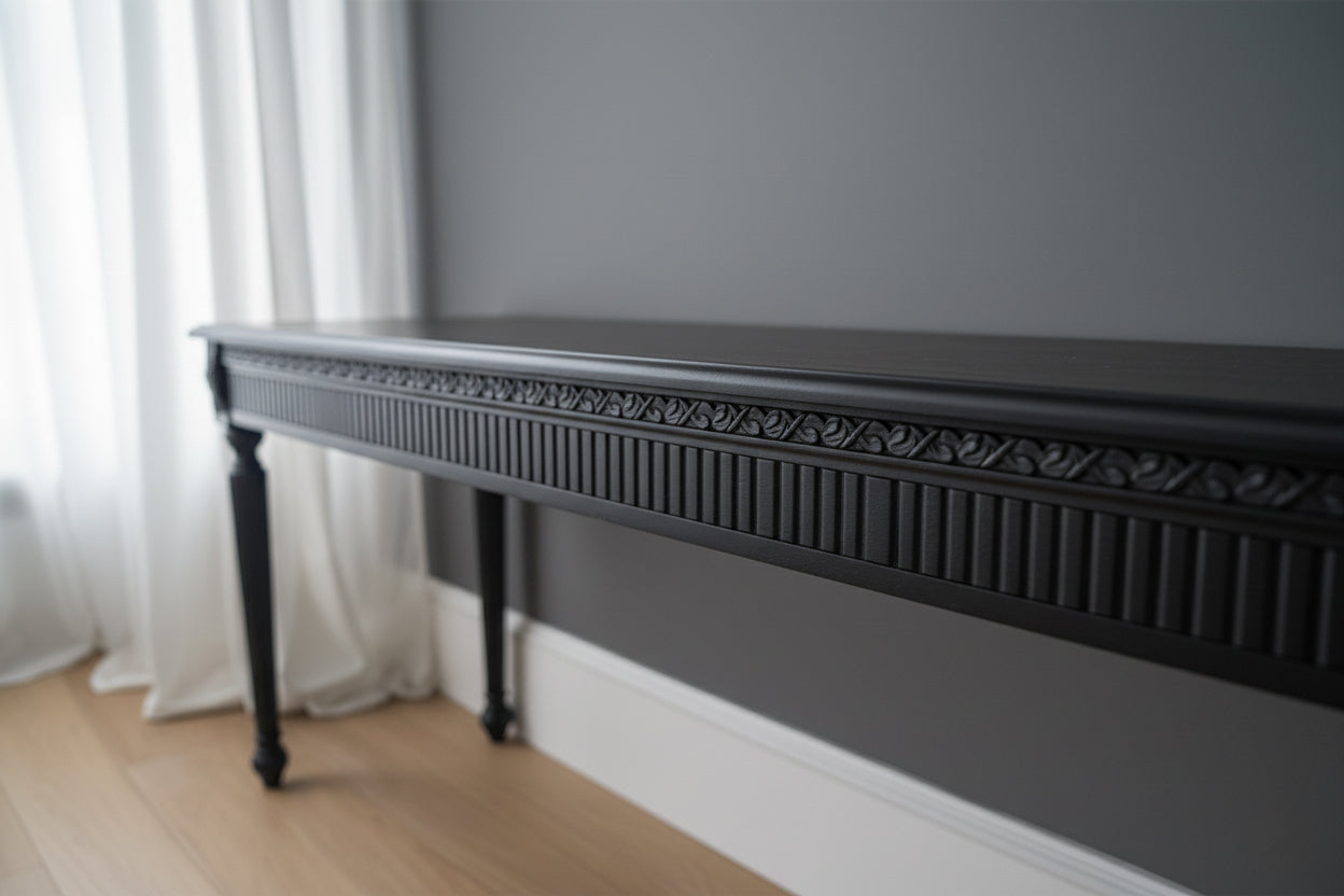 Sophisticated Black Console Table with Fluted Frieze and Turned Legs Console Table