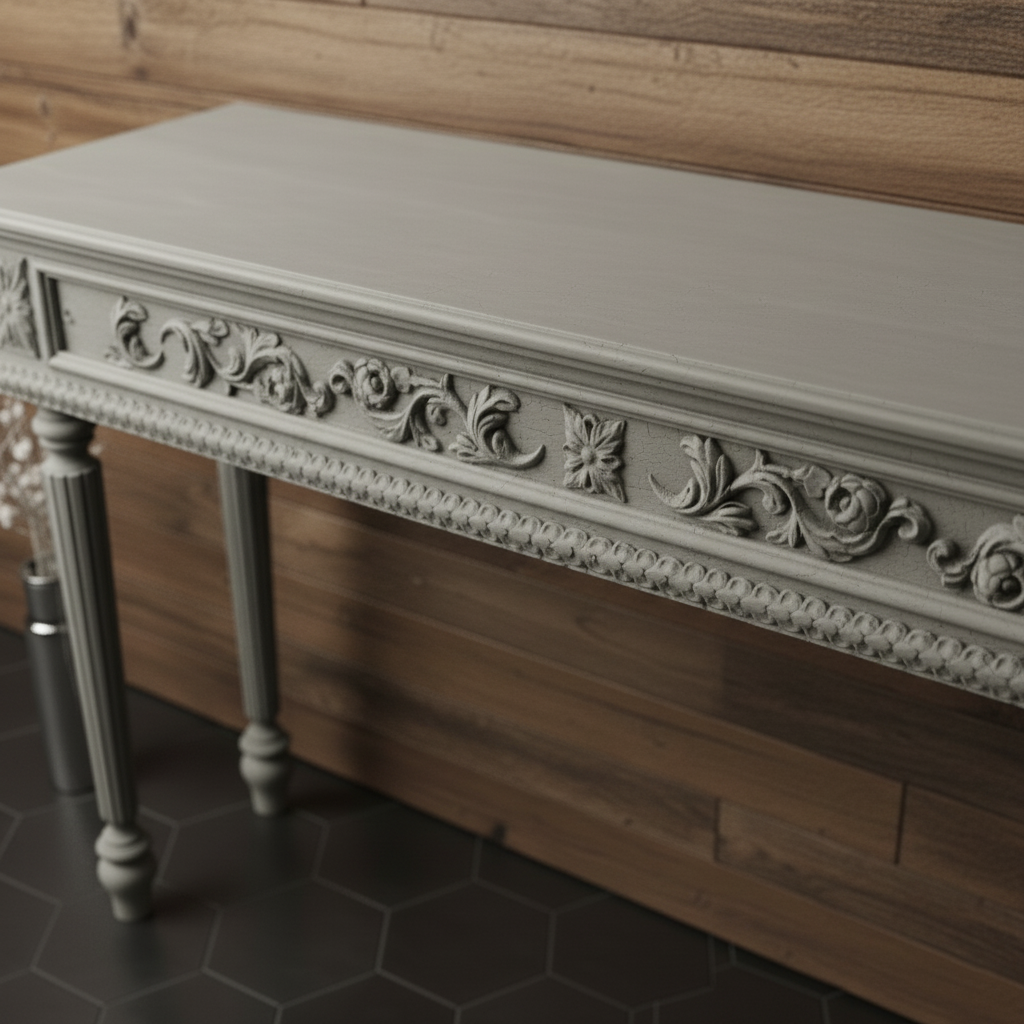 Ornate Gray Console Table - Hand-Carved French Provincial Design Console Table