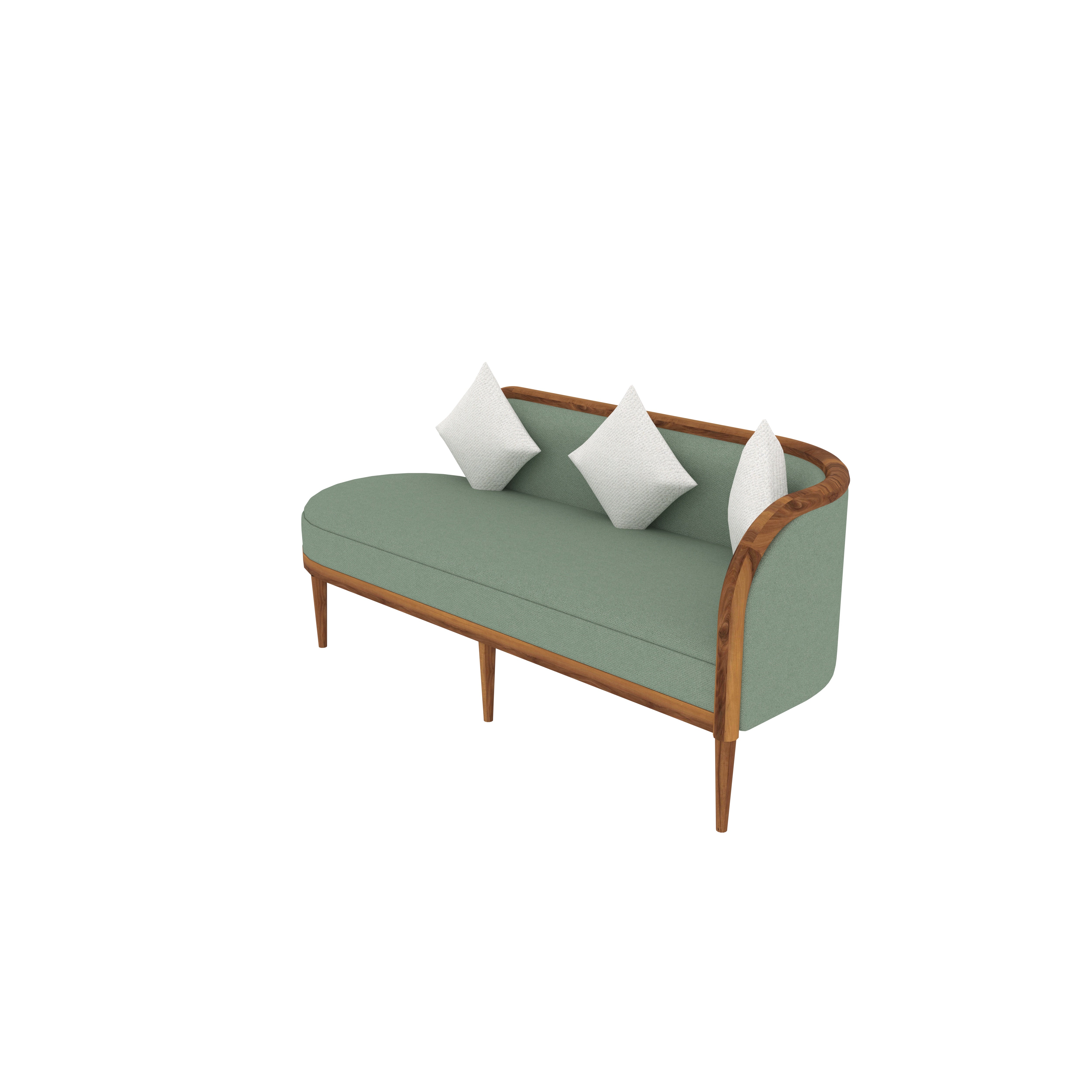 Elegant Teak Wood Curved Back Sofa with Mint Green Upholstery – Modern Vintage Design Sofa